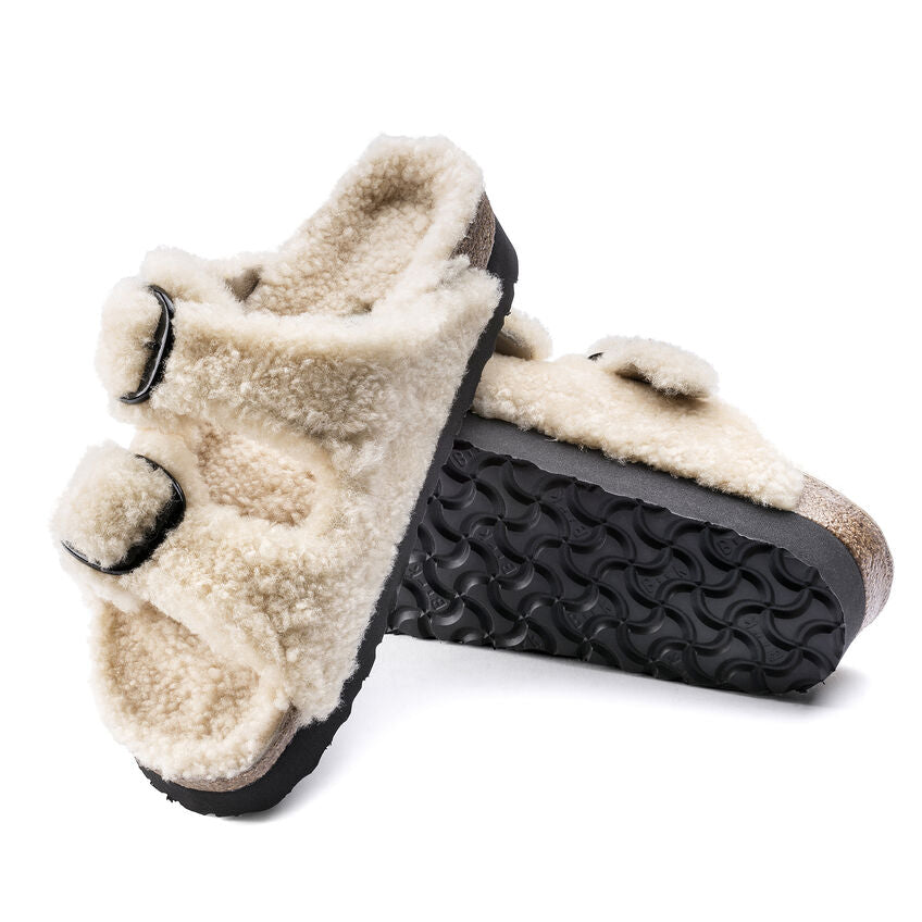 Birkenstock Arizona Big Buckle Shearling Sandals for Women - Soft Teddy Eggshell Color - Comfortable Orthopedic Footbed - Perfect for Casual Wear, Home & Travel