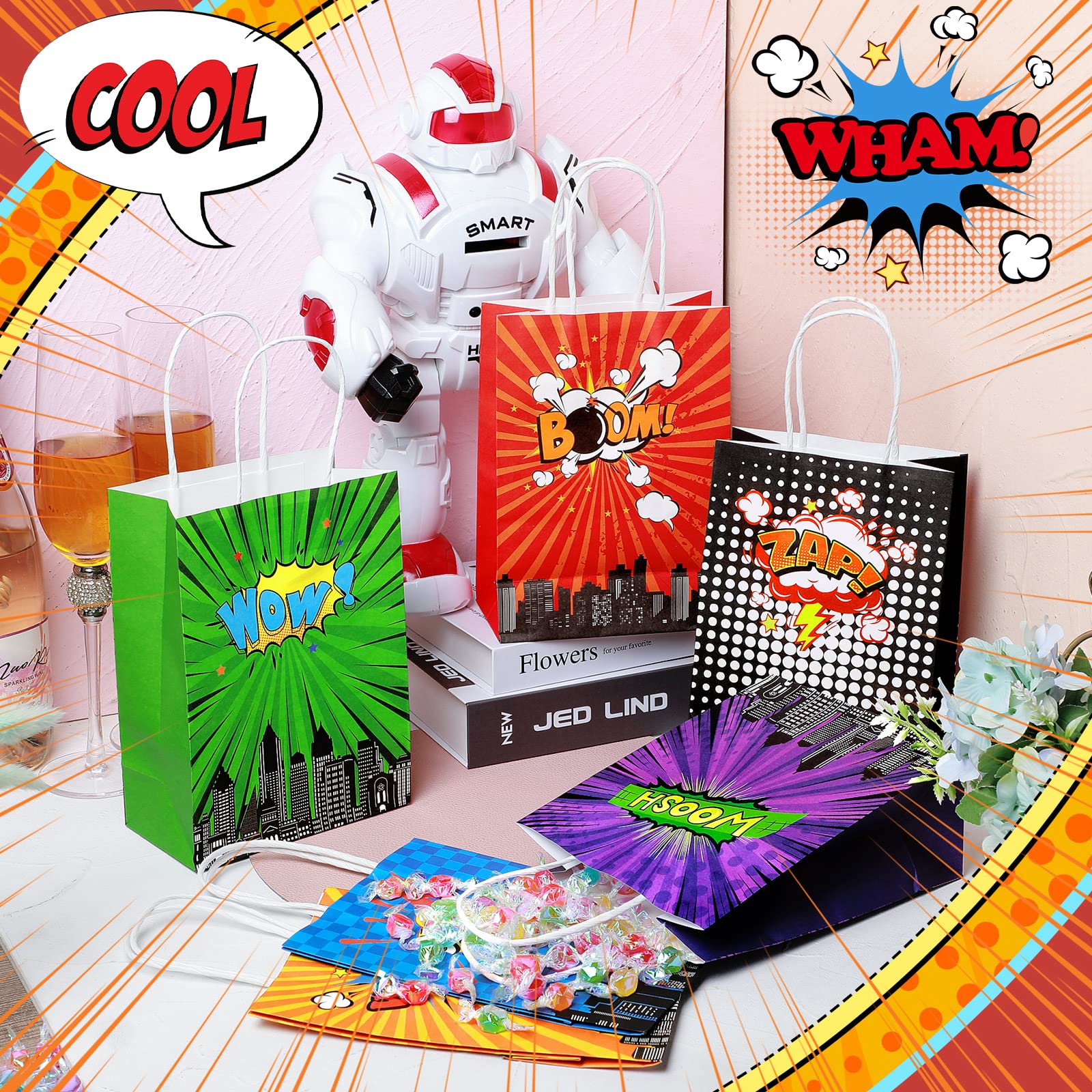 24 Pcs Hero Party Favor Bags - 6 Different Comic Hero Designs for Candy & Treats | Perfect for Superhero Birthday Parties, Baby Showers & Themed Events | Bulk Party Supplies for Kids & Adults