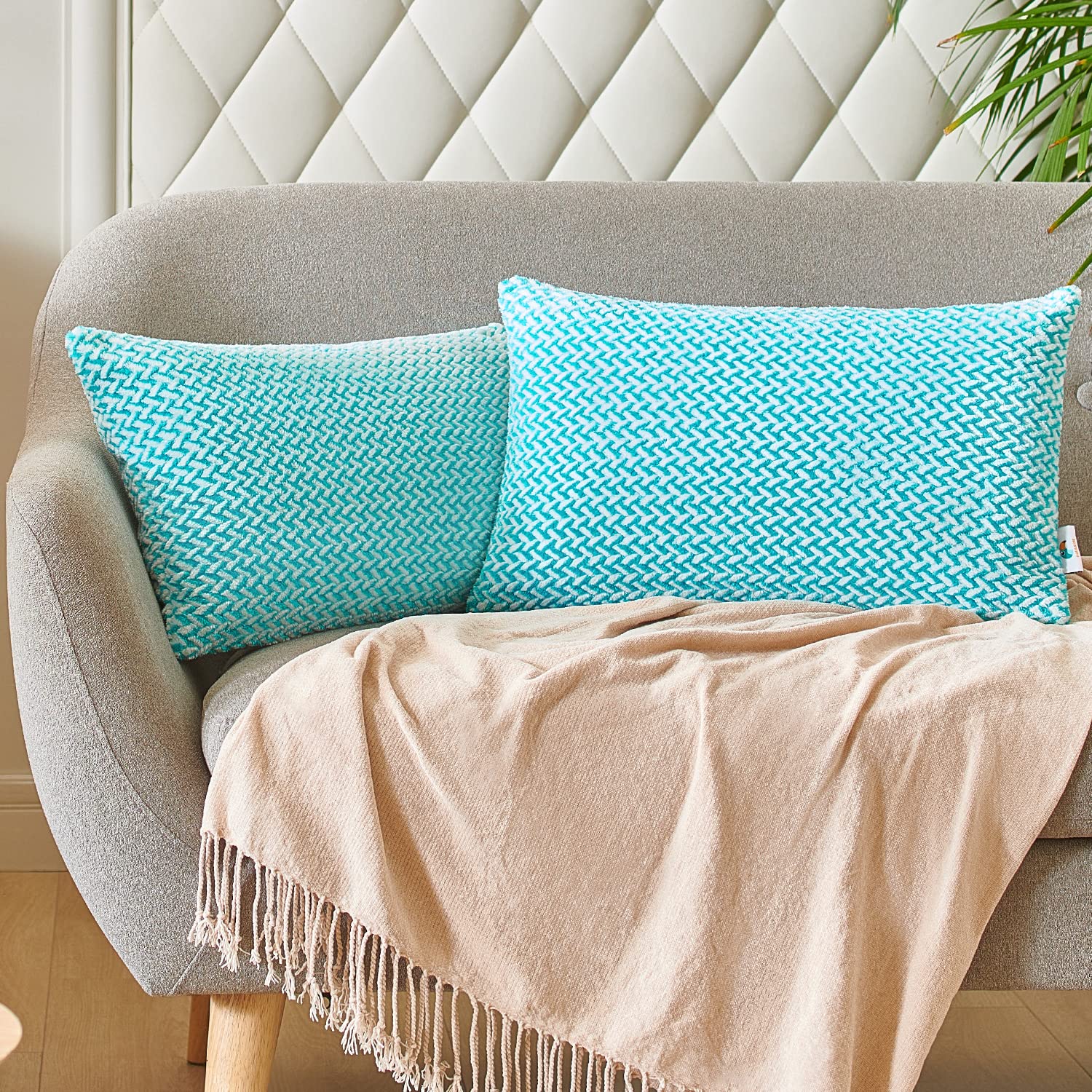 Premium Jacquard Peacock Blue Pillow Covers Set of 2 (12x20 Inch) - Decorative Square Throw Pillow Cases for Sofa, Couch & Living Room Accent - Perfect for Home Decor, Bedroom & Cozy Reading Nook