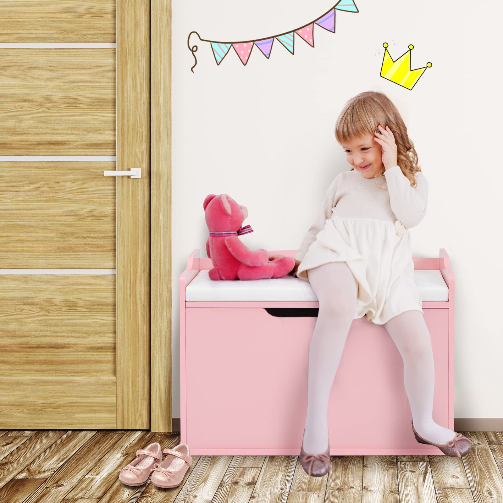 Costzon Kids Wooden Toy Storage Chest with Bench Seat - Safe Finger-Pinch Prevention Lift-Top Design, Multi-Functional Toy Box Organizer for Bedroom, Playroom & Nursery - Pink (Perfect for Toy Storage, Kids Room Decor & Entryway Seating)