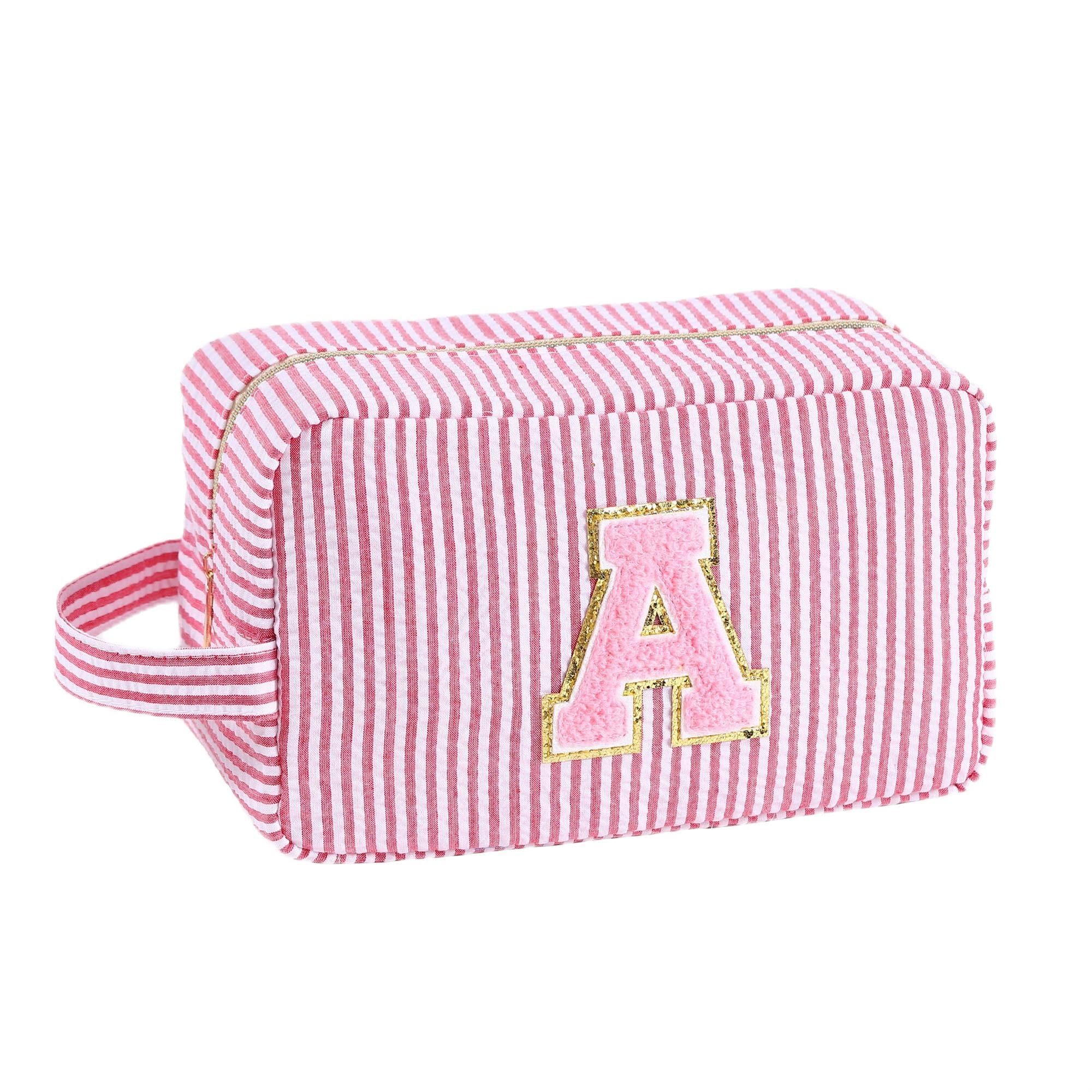 Personalized Monogrammed Initial Makeup Bag - Custom Preppy Striped Toiletry Pouch for Teen Girls | Perfect Birthday Gift for Her | Great for Travel, School & Cosmetics Storage (Pink)