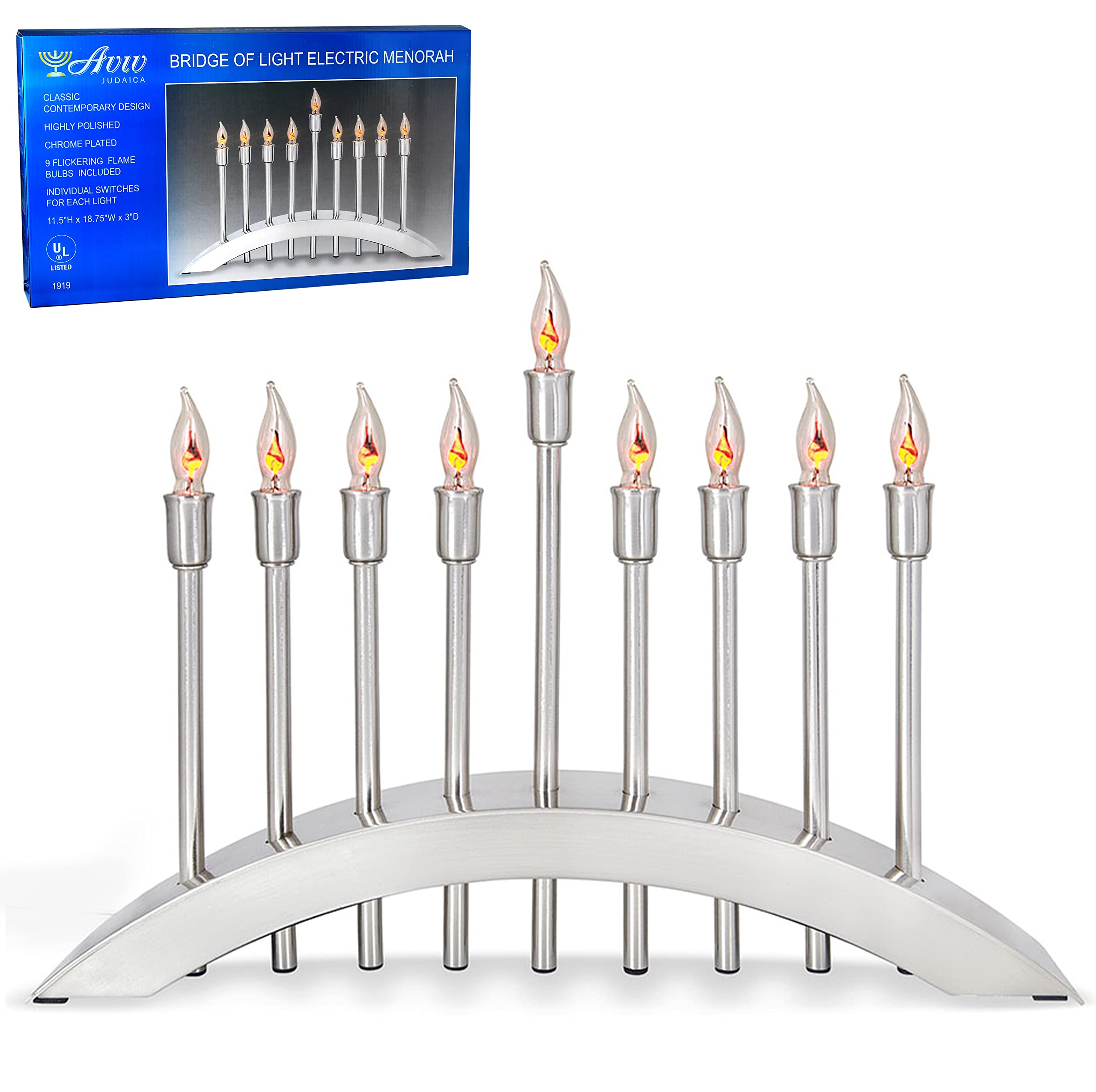 Hanukkah Electric Menorah - 9 Branch Hanukkiah with Flickering Flame LED Bulbs, Brushed Stainless Steel - Perfect for Home Decor, Jewish Holidays & Chanukah Celebrations by Aviv Judaica