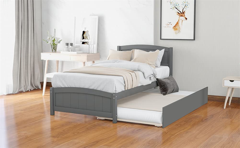 Twin Size Wood Platform Bed with Trundle, Headboard & Footboard - Easy Assembly Gray Wooden Bed Frame | Perfect for Kids Rooms, Guest Bedrooms & Small Spaces