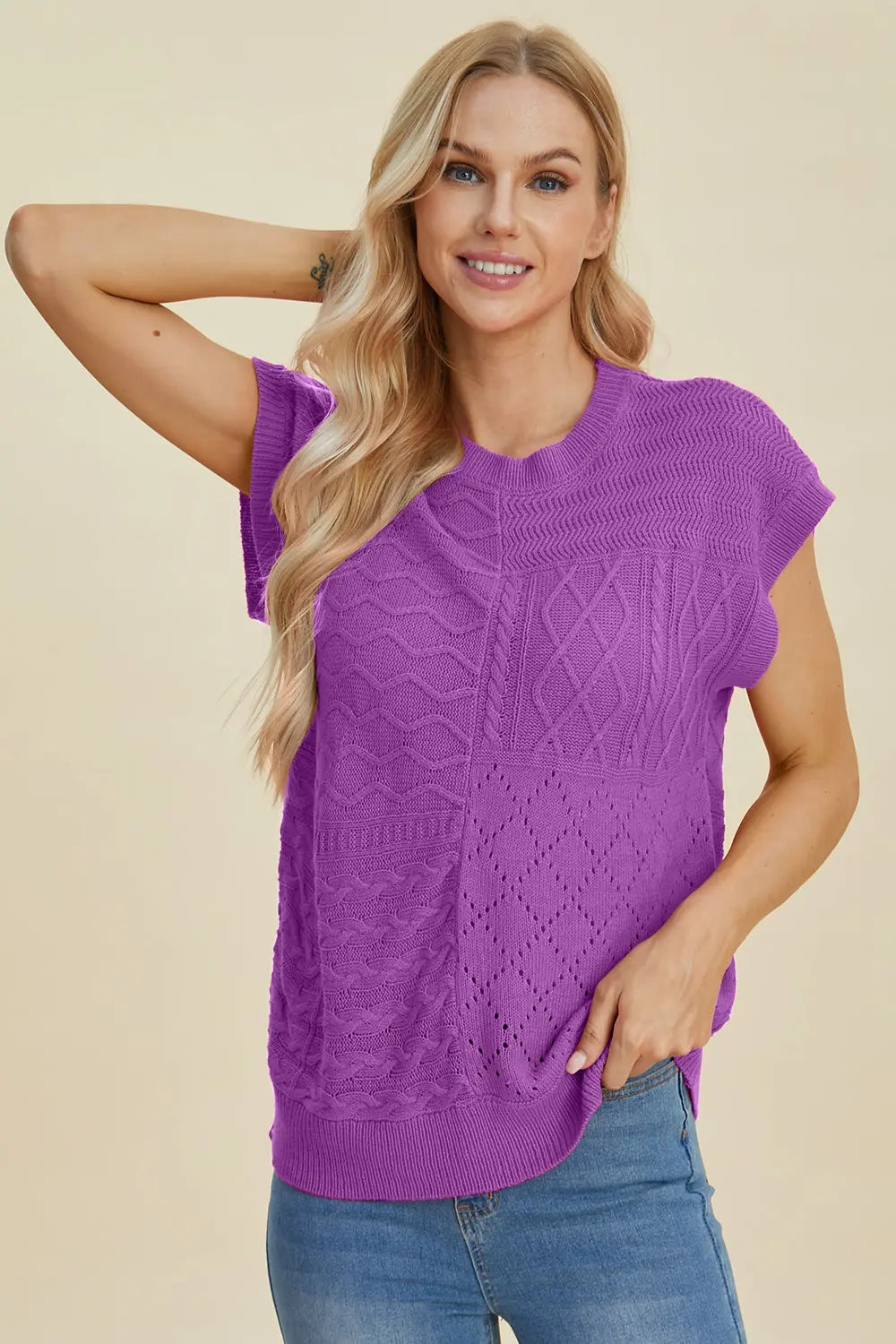 Double Take Full Size Cable Knit Round Neck Cap Sleeve Sweater for Women - Cozy Winter Pullover for Office, Date Night & Casual Outfits