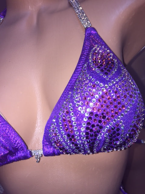 **Purple Bikini Competition Suit with Rhinestones - Triangle Padded Top for Women - Perfect for Bodybuilding, Fitness Shows & Beachwear**