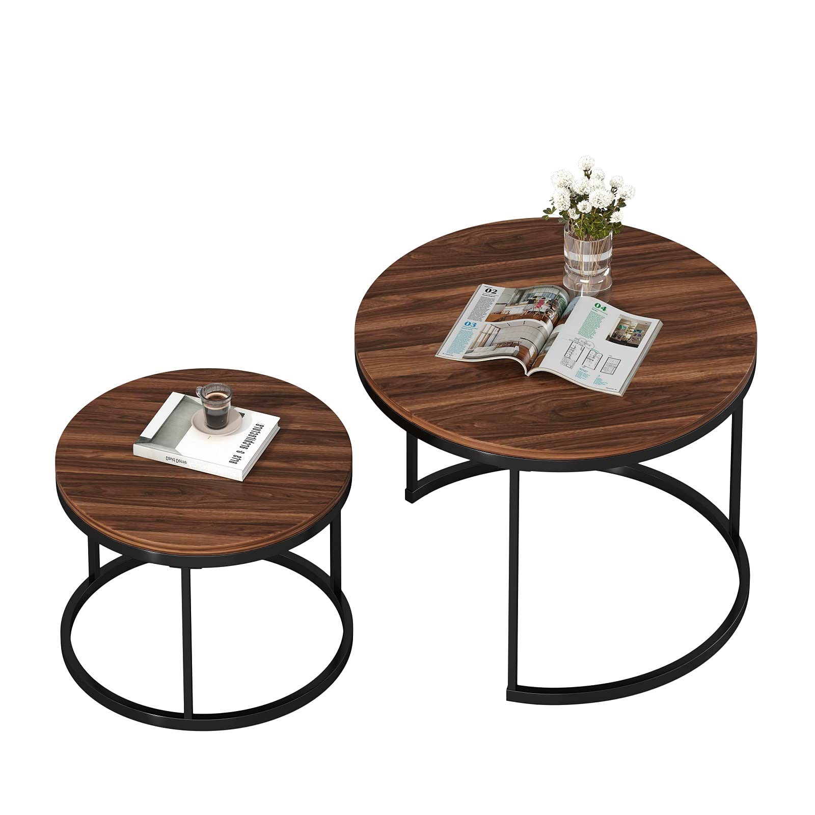 Round Nesting Coffee Table Set of 2 - Walnut Wood Top & Black Metal Frame Accent Tables for Living Room, Bedroom, Balcony - Perfect for Small Spaces, Coffee Time & Home Decor