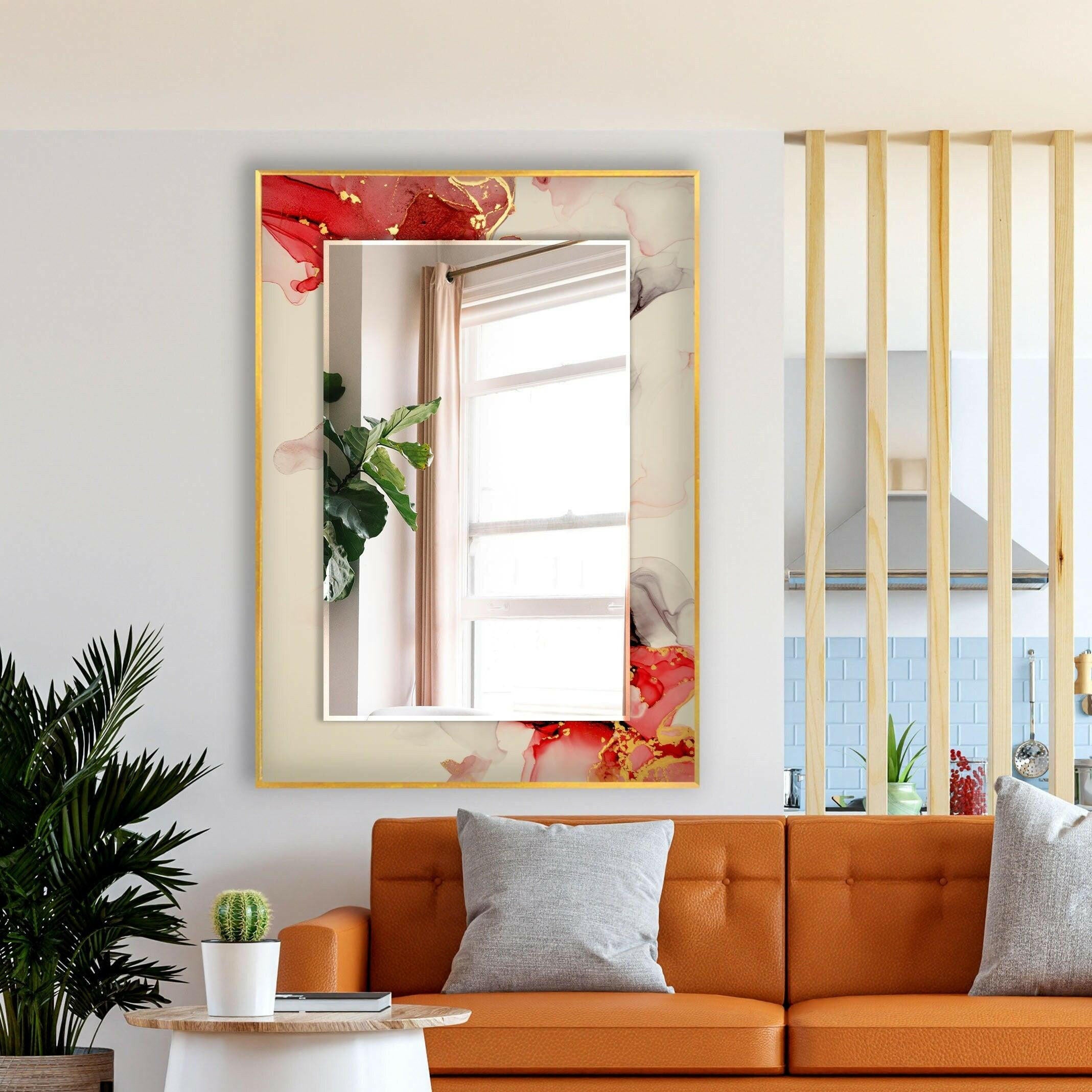Beige and Gold Accent Wall Mirror with Red Details - Elegant Home Decor for Living Room, Bedroom, or Entryway