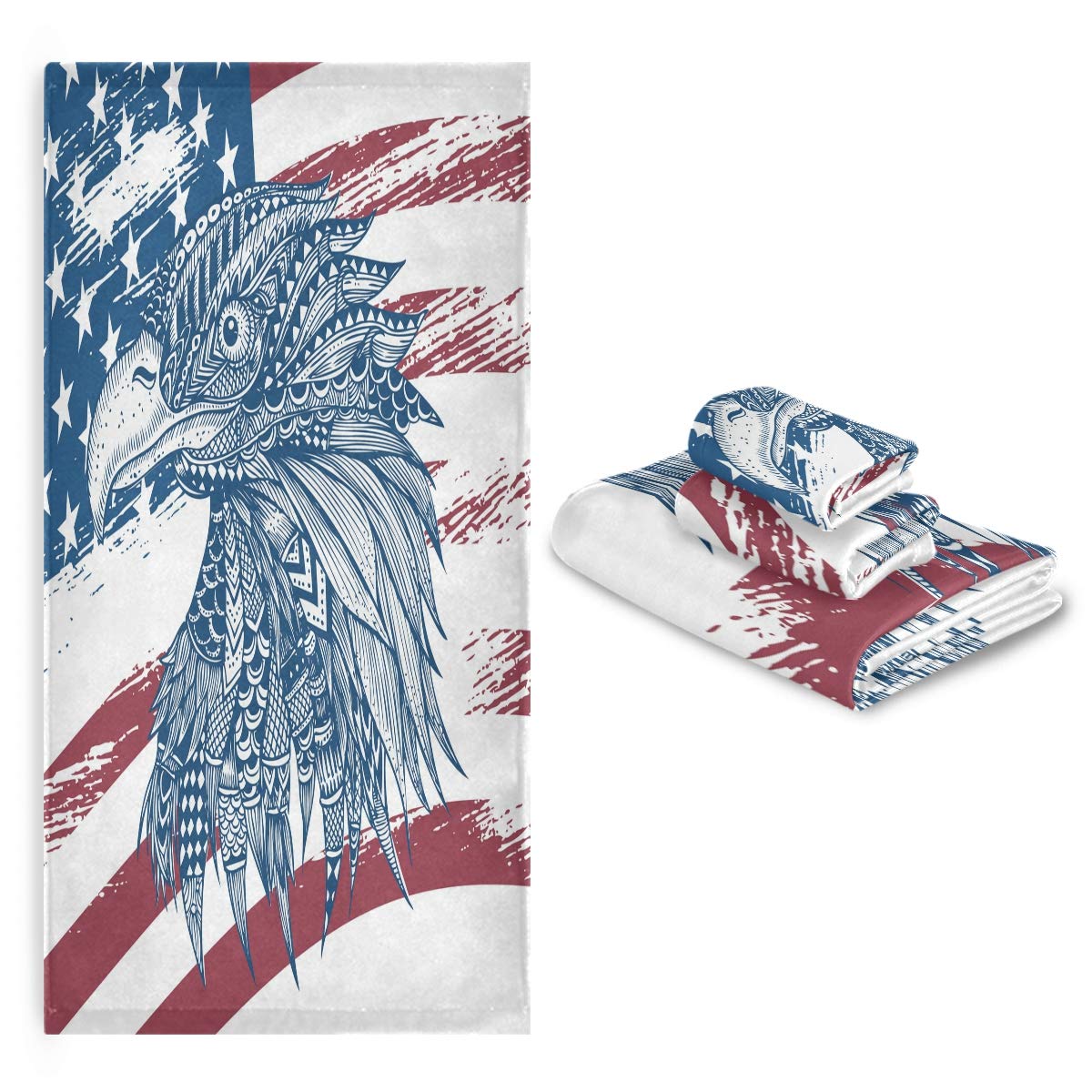 Blueangle 3-Piece Bath Towel Set with Eagle Head Flag Design - Soft Absorbent Cotton Bath Towel, Hand Towel & Washcloth for Bathroom Decor, Guest Towels & American Patriotic Home Decor