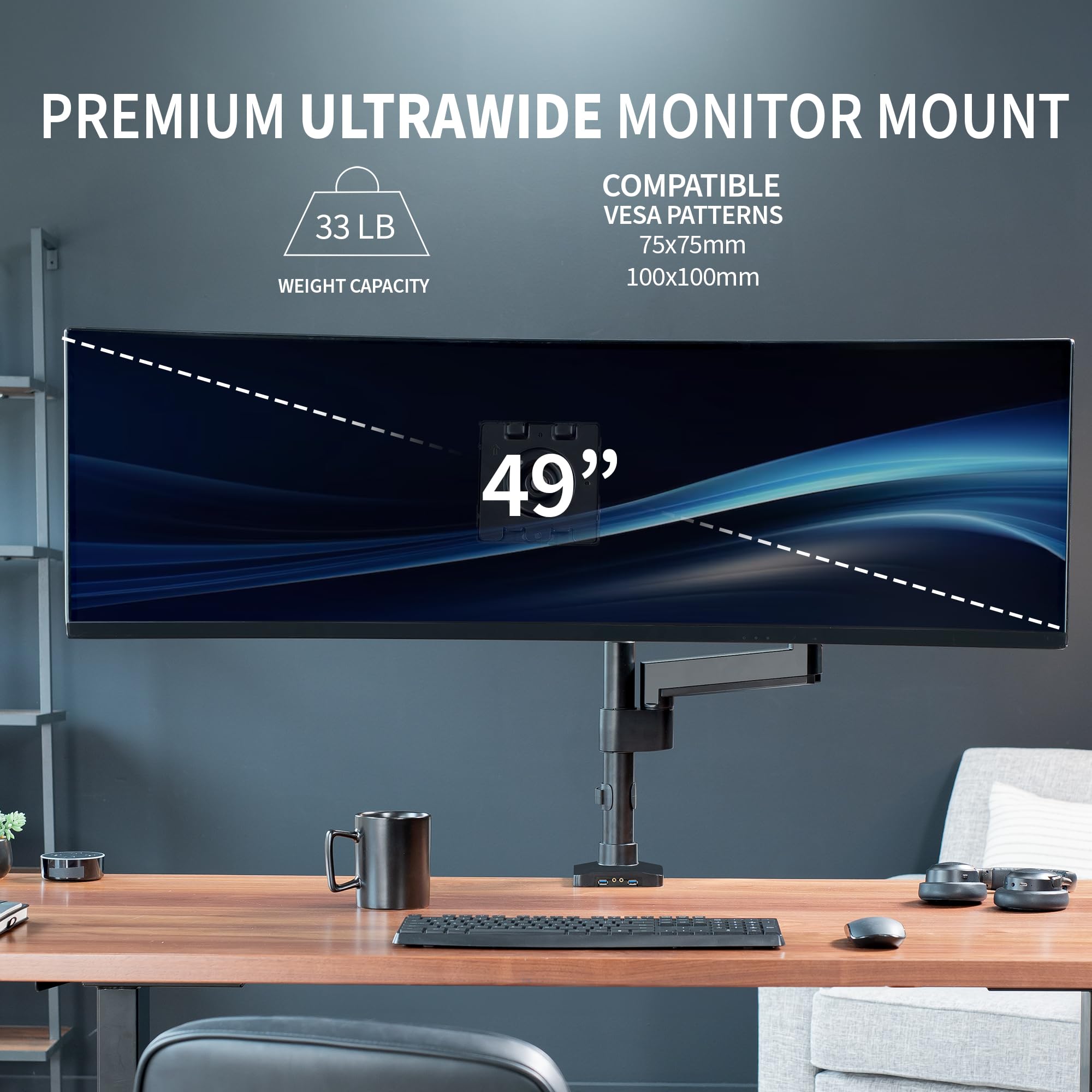 VIVO Premium Aluminum Extended Monitor Arm for Ultrawide Monitors up to 49 inches, 33 lbs Capacity - Single Desk Mount Stand with USB Port, Pneumatic Height Adjustment, Max VESA 100x100 (Black, STAND-V101GTU) - Perfect for Home Office, Gaming Setup, and Workspace Ergonomics