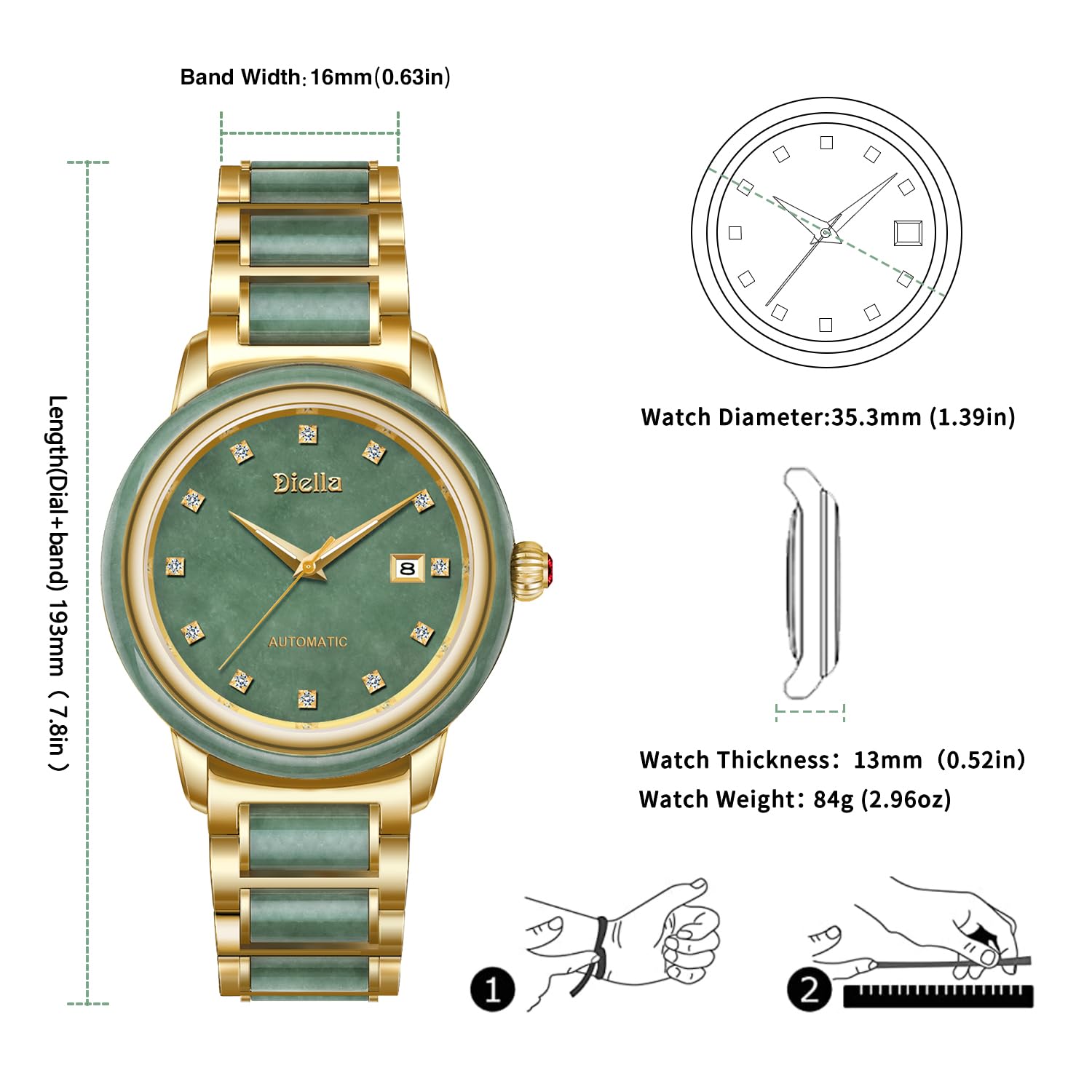Diella Women's Luxury Automatic Mechanical Dress Watch - Gold & Green Jade Stainless Steel Watch for Ladies (Model AD6001L) | Perfect for Formal Events, Business Meetings & Special Occasions