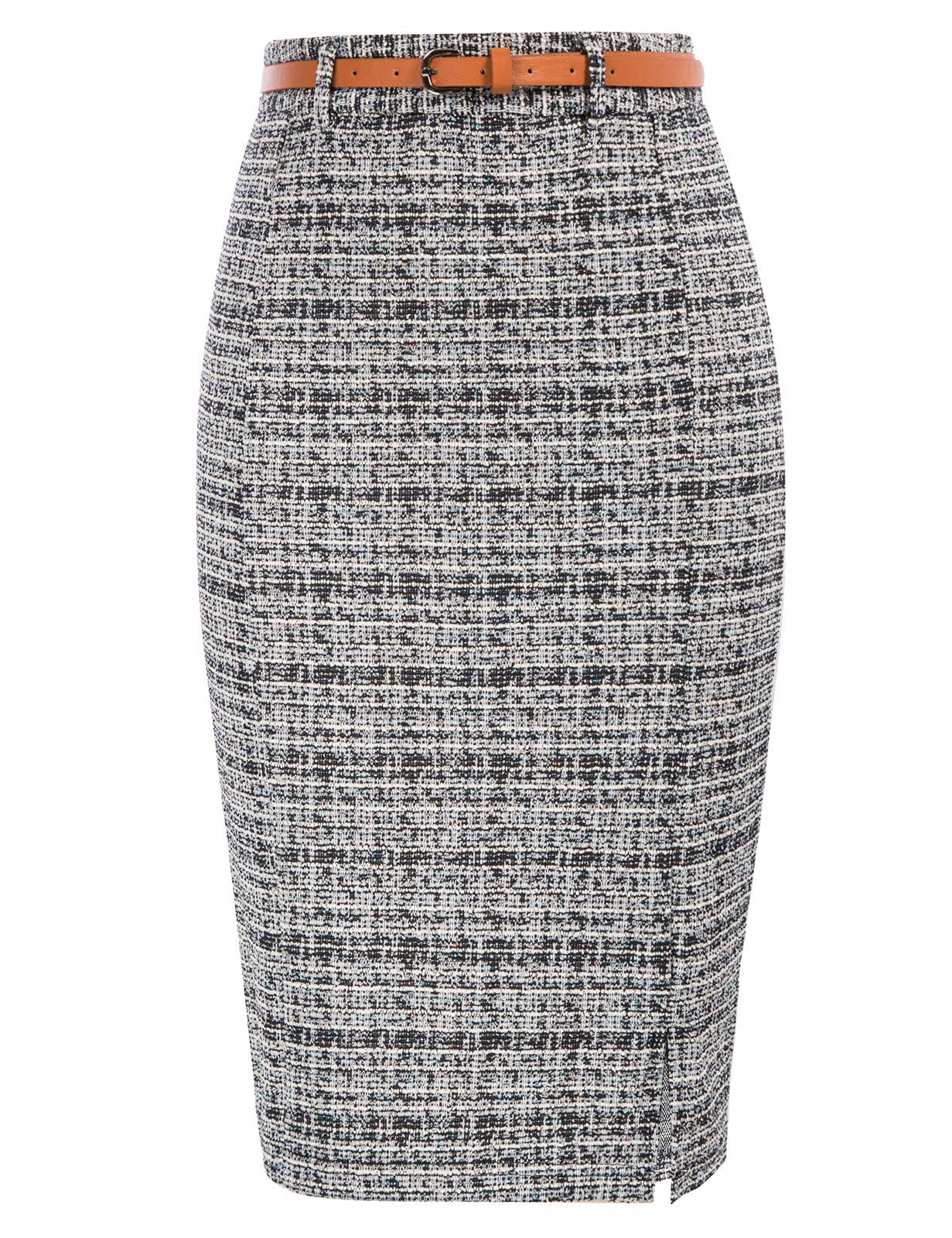 Kate Kasin Women's Tweed Pencil Skirt - Knee-Length Stretch Office Skirt with Belt & Side Slit | Elegant Workwear for Business, Cocktail Parties & Professional Occasions