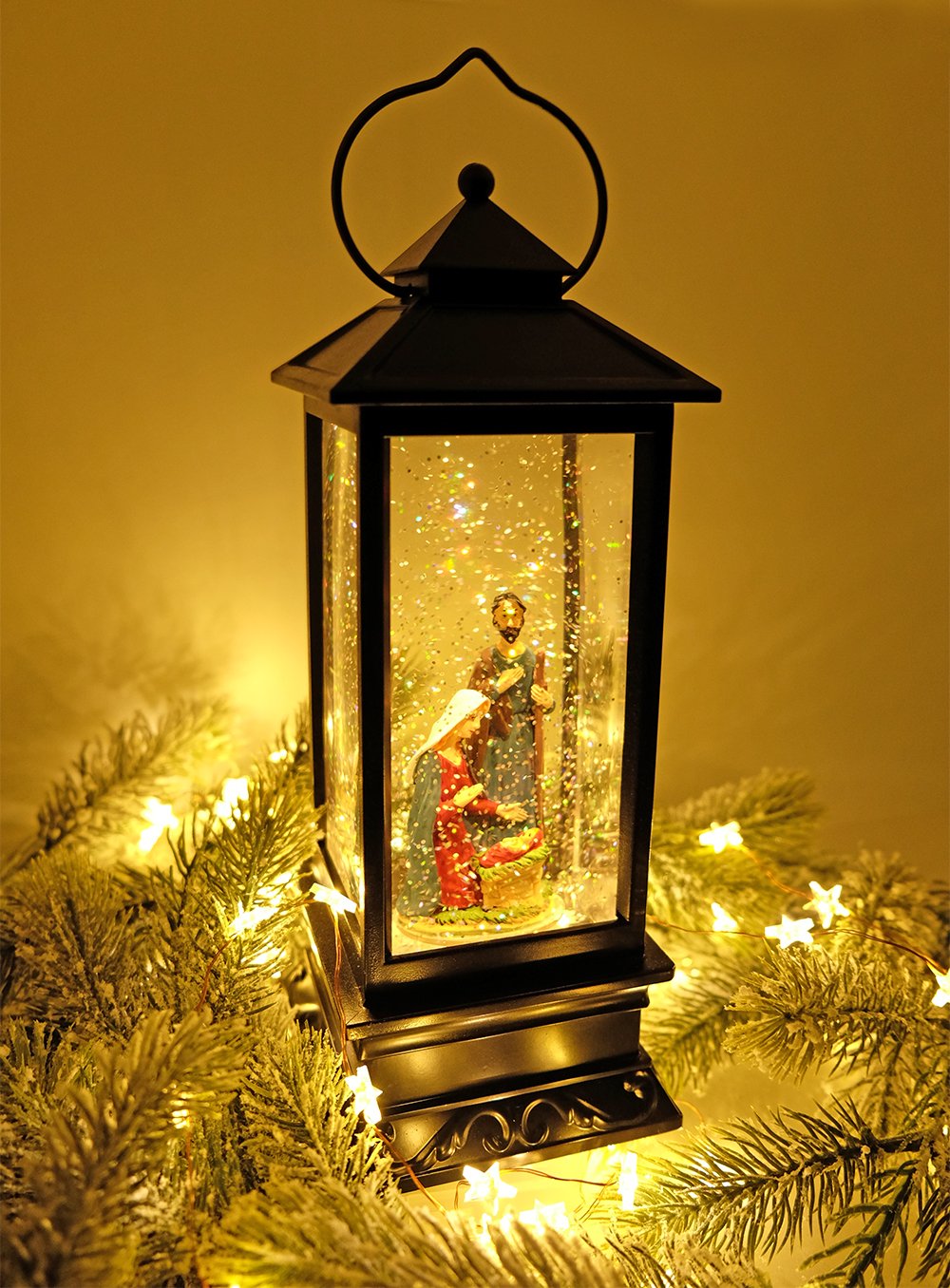 Nativity Musical Snow Globe Lantern - USB Powered LED Lighted Christmas Decoration with Swirling Glitter Water, 12