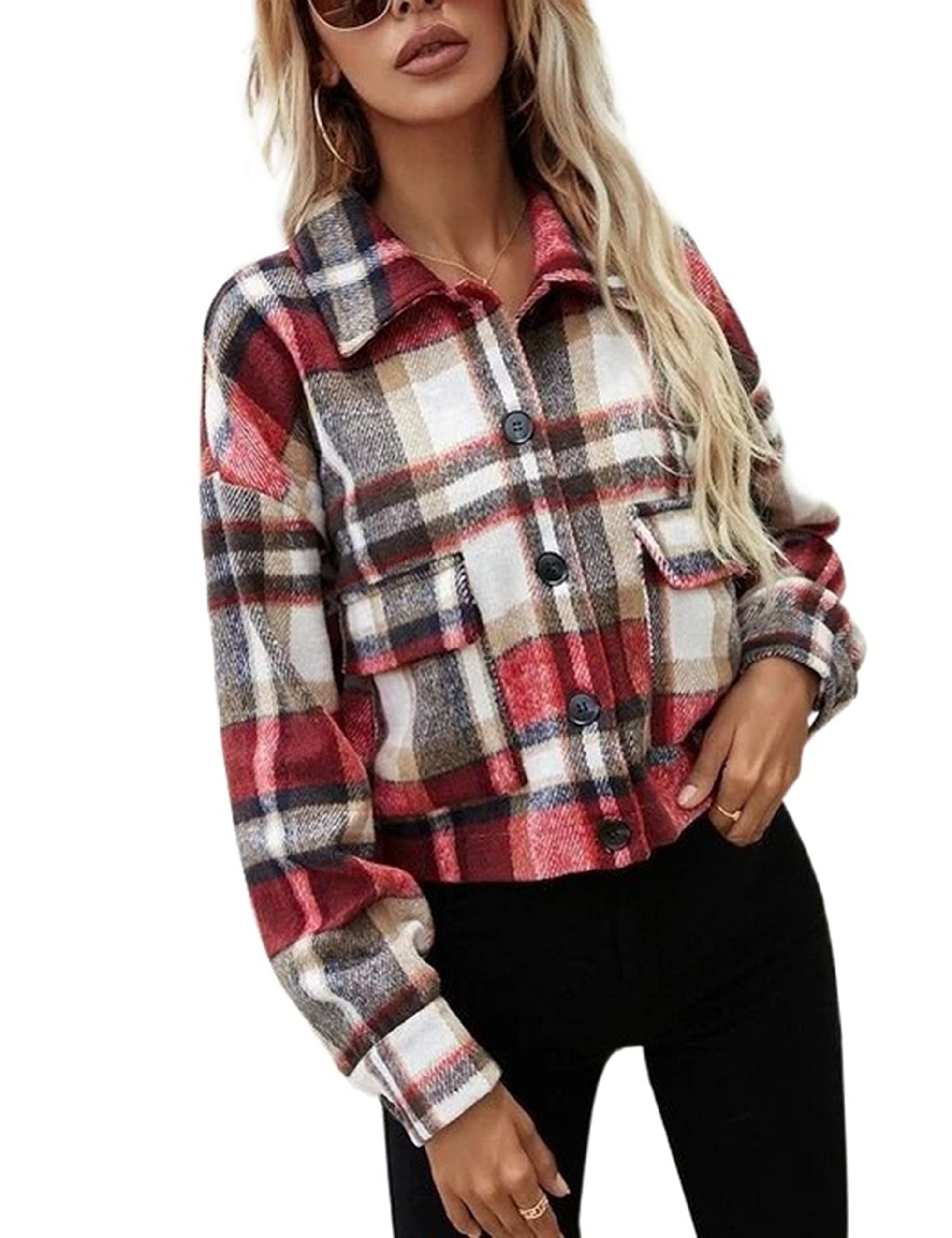 Springrain Women's Cropped Plaid Flannel Shacket - Casual Long Sleeve Jacket Tops for Fall & Winter | Cozy Layering Piece for Outfits, Outdoor Activities and Casual Wear