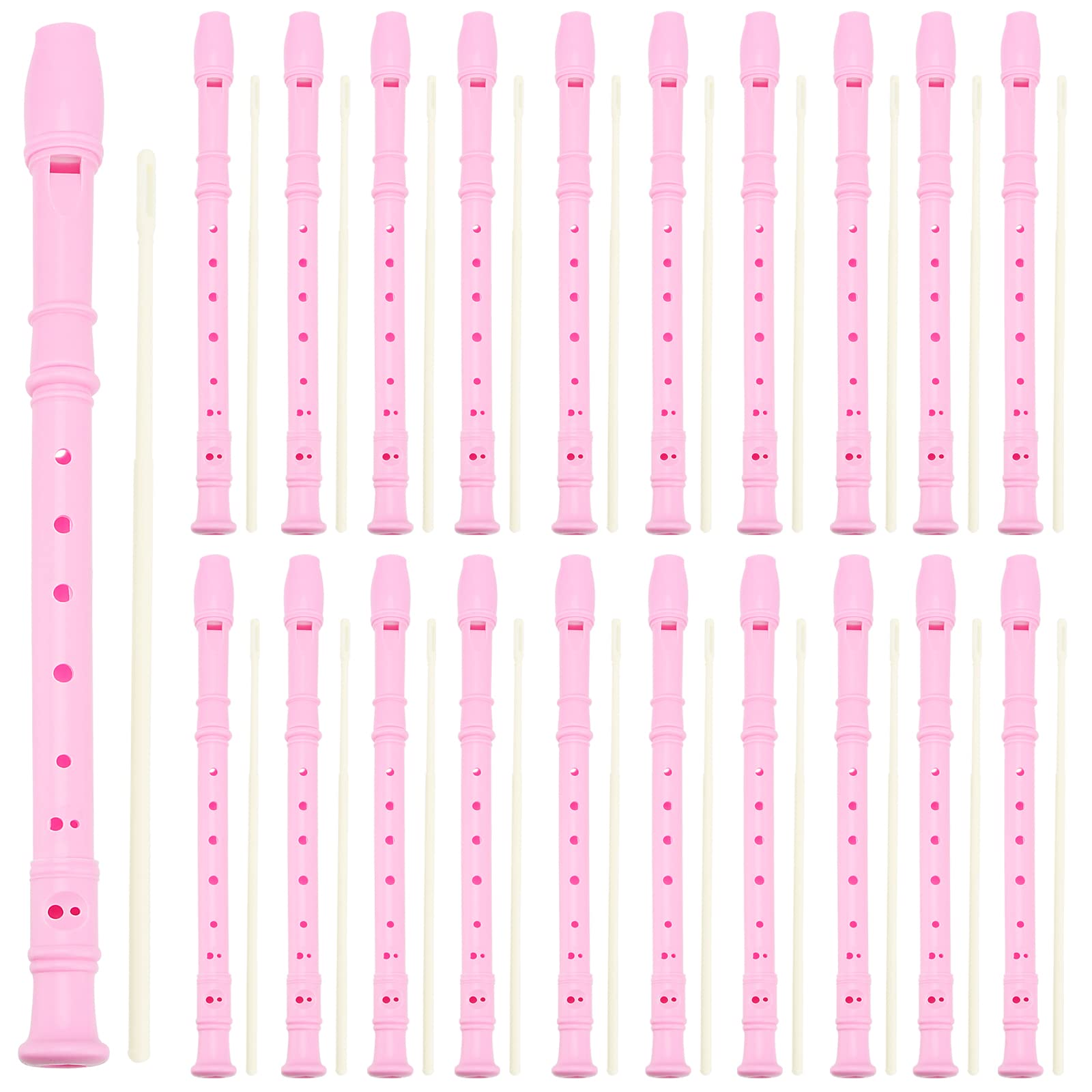 20 Pack Pink 8 Hole Descant Soprano Recorders with Cleaning Rod - Bulk Musical Instruments for Beginners - Perfect for School Music Classes, Band Practice & Home Learning