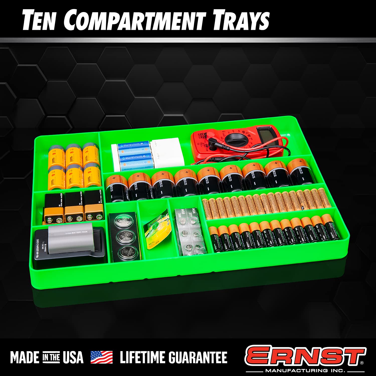 Ernst MFG 10-Compartment Heavy Duty Drawer Organizer - Stackable Tool Tray for Automotive, Garage, and Workshop Tool Storage - Low-Profile Toolbox Organizer for Nuts, Bolts, Tools, and Parts - Easy to Clean Black Tray - Perfect for DIY Projects and Professional Use