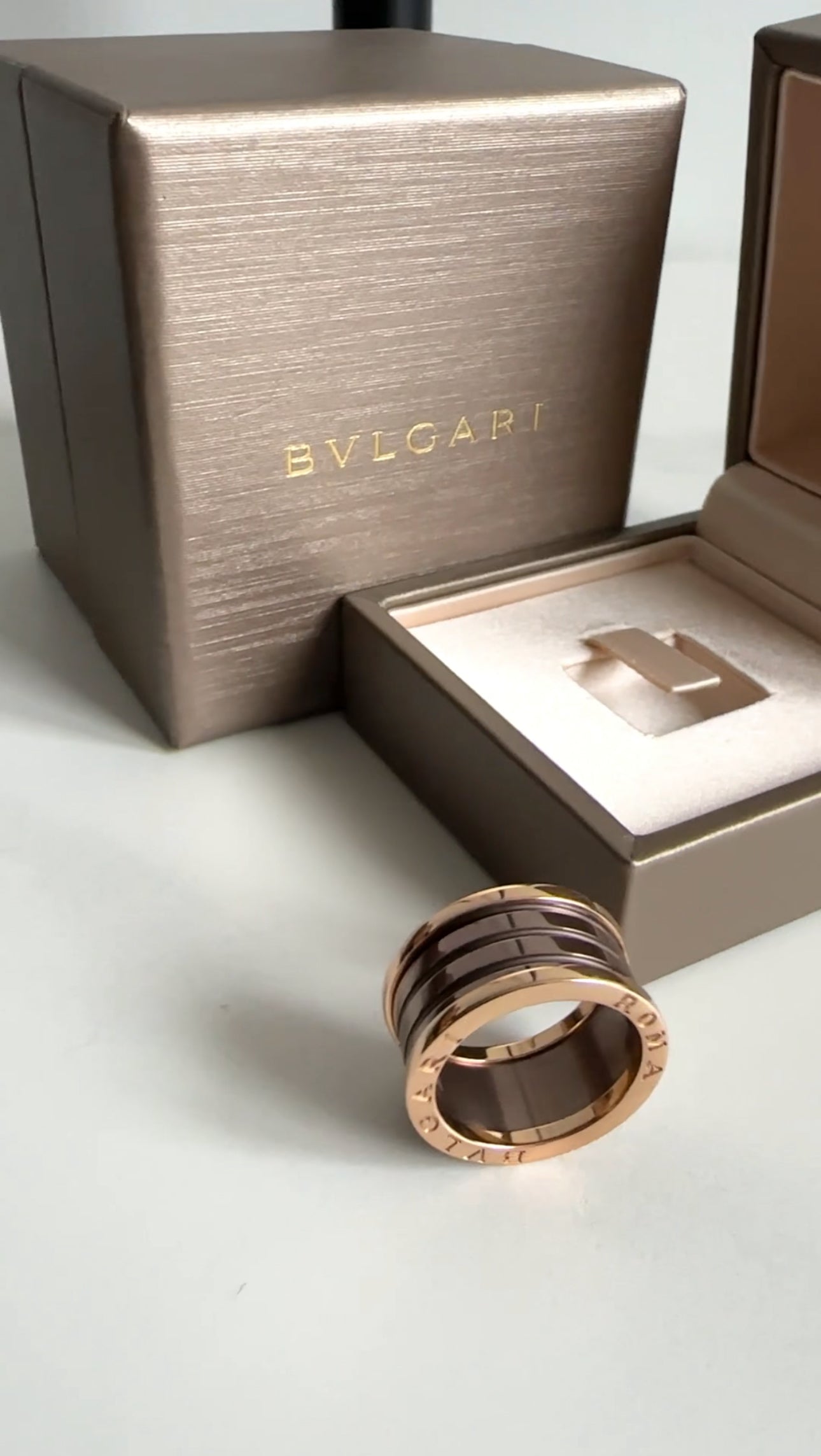Bvlgari 18k Rose Gold Roma B.Zero1 Ring with Bronze Ceramic 4 Bands - Size 56 / 7.5 - Luxury Jewelry for Women, Perfect for Weddings, Anniversaries & Special Occasions