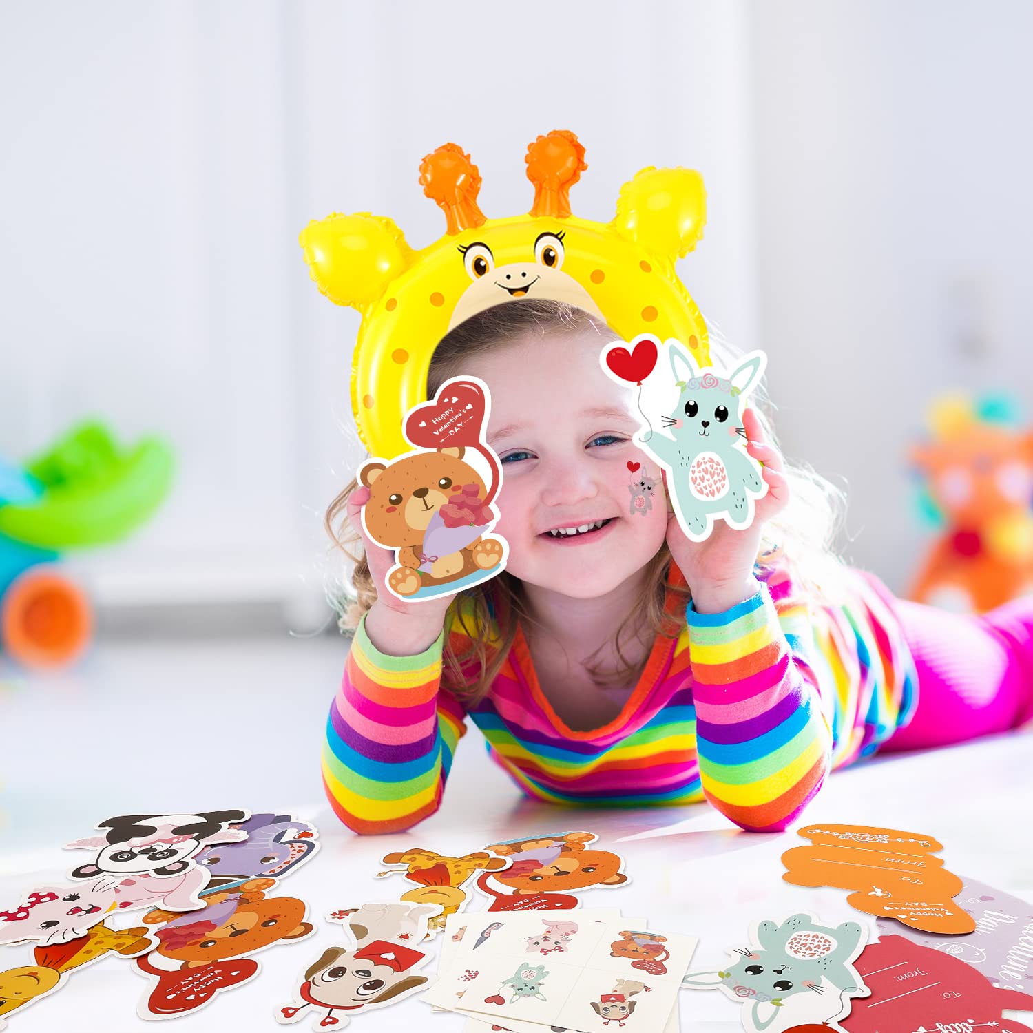 Valentine's Day Cards for Kids - 28 Animal Greeting Cards with Inflatable Headbands, Gift Envelopes & Tattoos | Classroom Exchange Cards for Boys & Girls | Perfect for School Valentine's Parties & Gift Exchanges