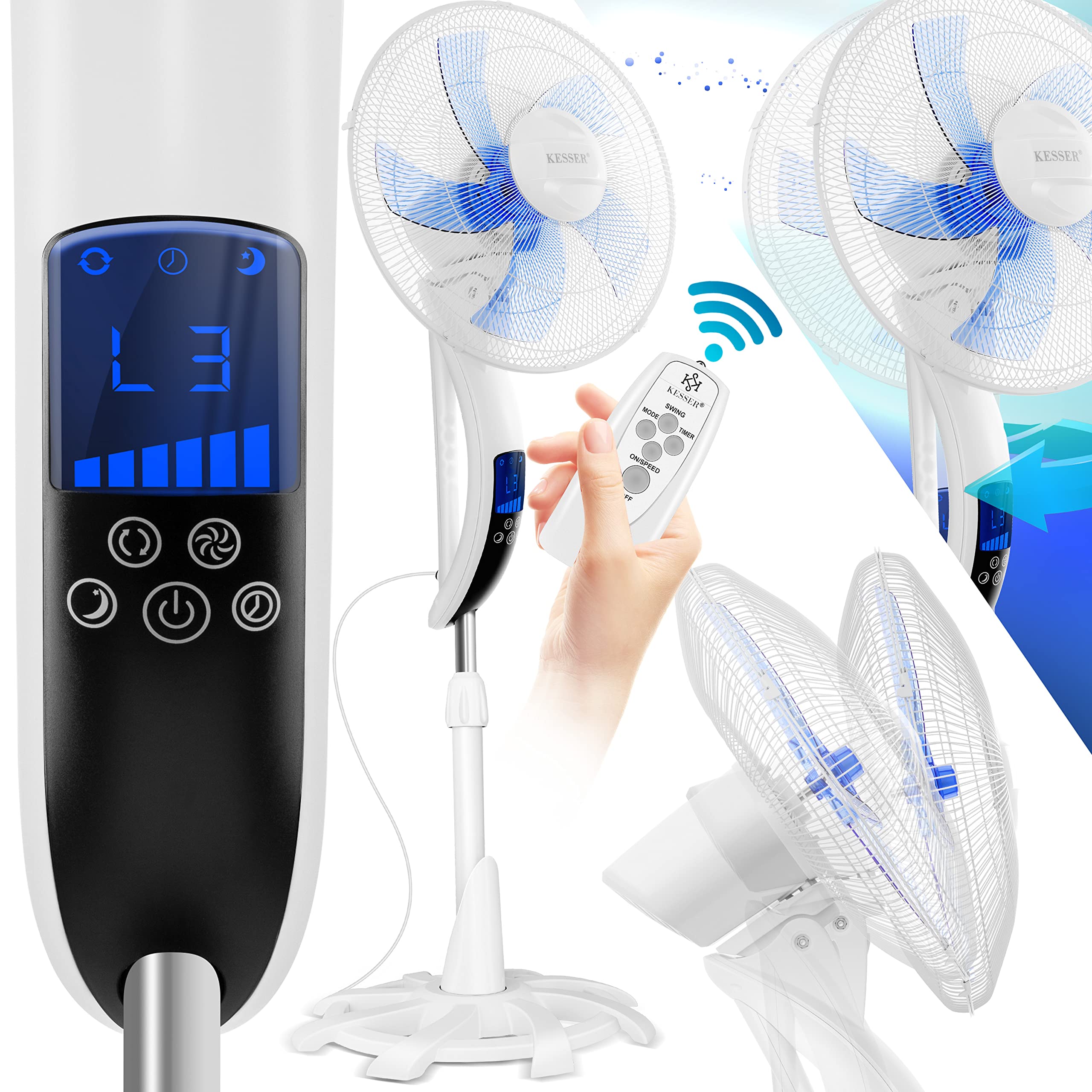 KESSER® 50W Remote Control Floor Fan with Timer, 3 Speed Levels, 80° Oscillation, Height & Tilt Adjustable Stand - Perfect for Home, Office & Bedroom Cooling