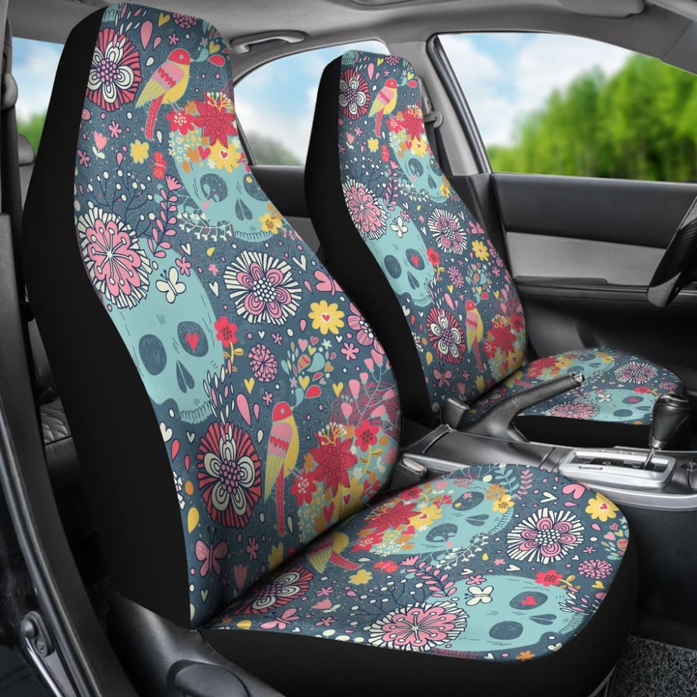 2 Pcs Floral Sugar Skull Car Seat Covers - Day of The Dead Mexican Style Decor for Cars, Trucks & SUVs - Perfect for Halloween, Dia de Los Muertos Celebrations and Gothic Home Decor