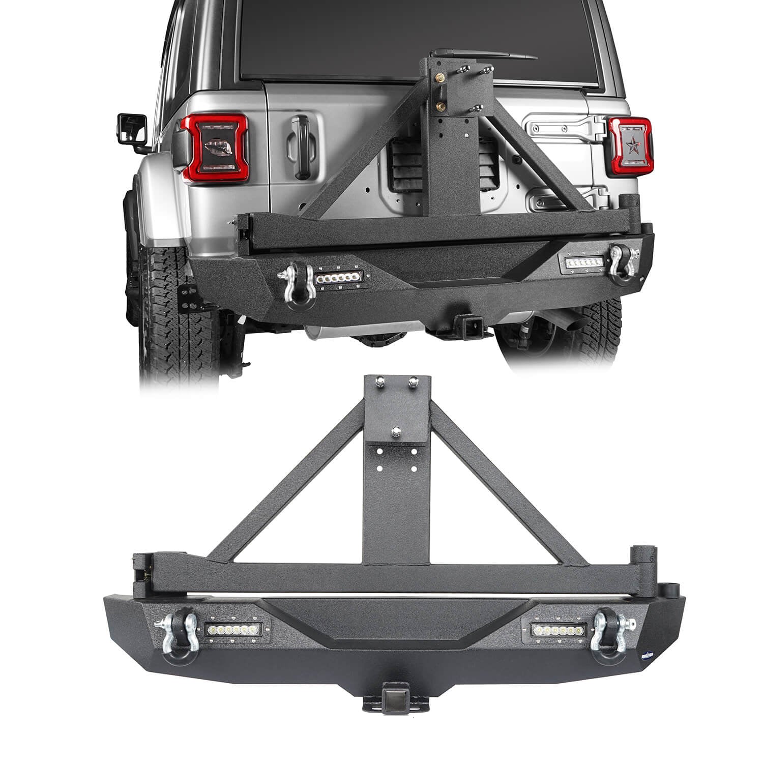 Jeep Wrangler JL Rear Bumper with Tire Carrier & LED Flood Lights (Fits 2018-2024 Models) - Heavy Duty Off-Road Protection for Adventure & Overlanding