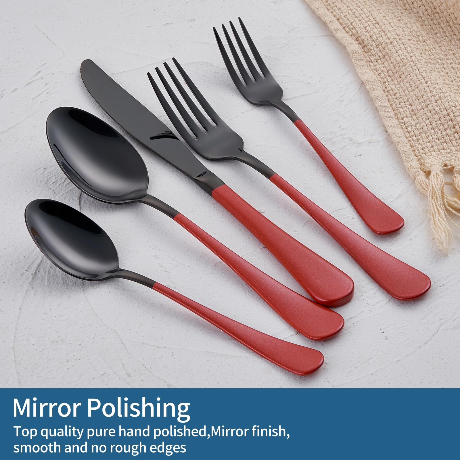 20-Piece Stainless Steel Flatware Set - 18/0 Grade, Red Handle Cutlery with Black Finish, Service for 4 (Knives, Forks, Spoons) - Dishwasher Safe - Perfect for Dinner Parties, Weddings, and Everyday Dining