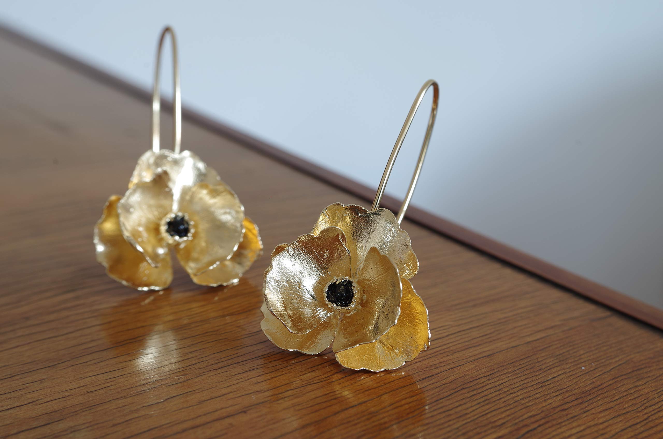 Gold Plated Sterling Silver Long Poppy Flower Earrings - Elegant Floral Jewelry for Women, Perfect for Weddings, Parties & Everyday Wear