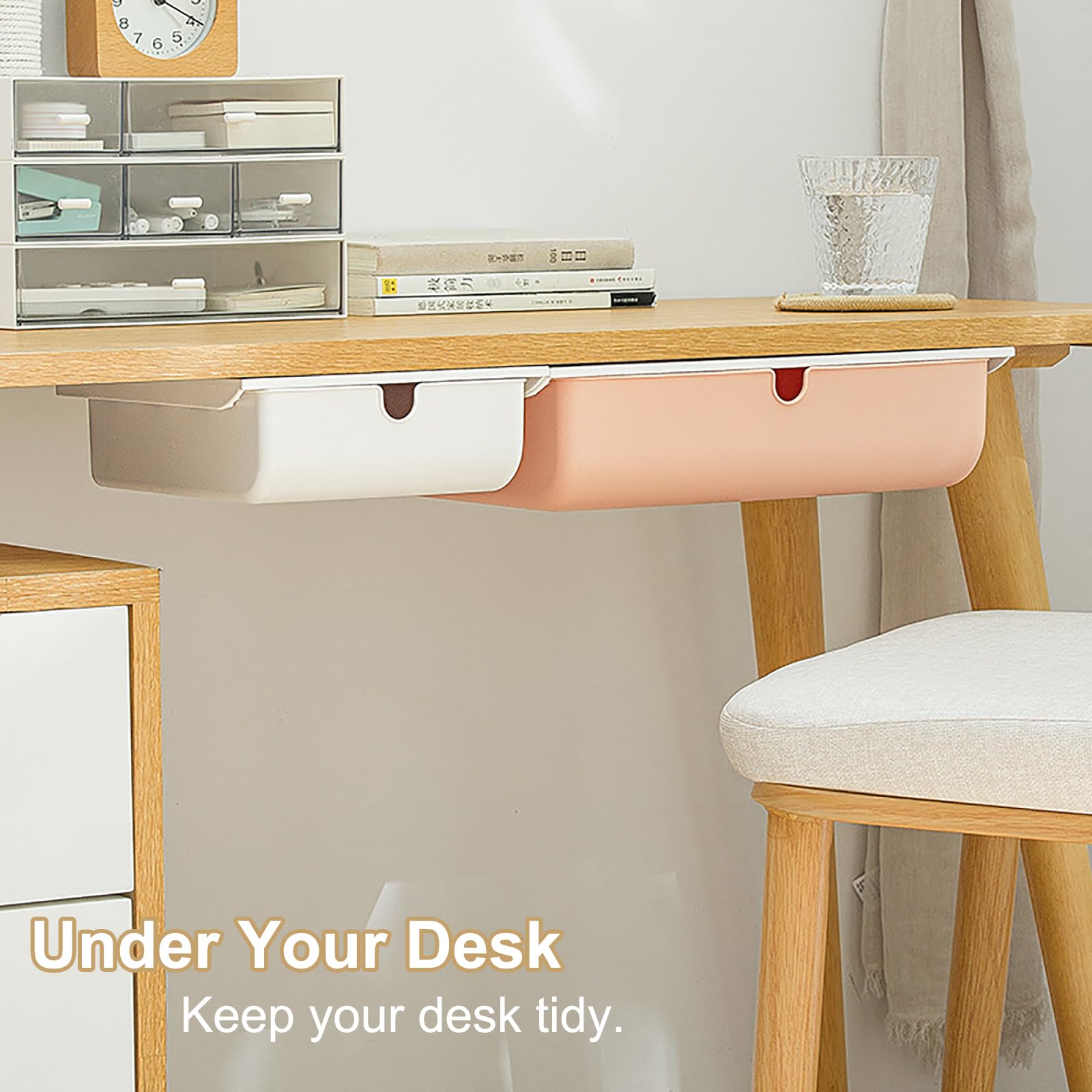 2 Pack Under Desk Drawer Organizer - Large & Medium Self-Adhesive Hidden Storage Box for Office, Cosmetics & Stationery | Stick-On Under Table Tray for Cutlery, Supplies & Desk Organization (Perfect for Home Office & Workspace)