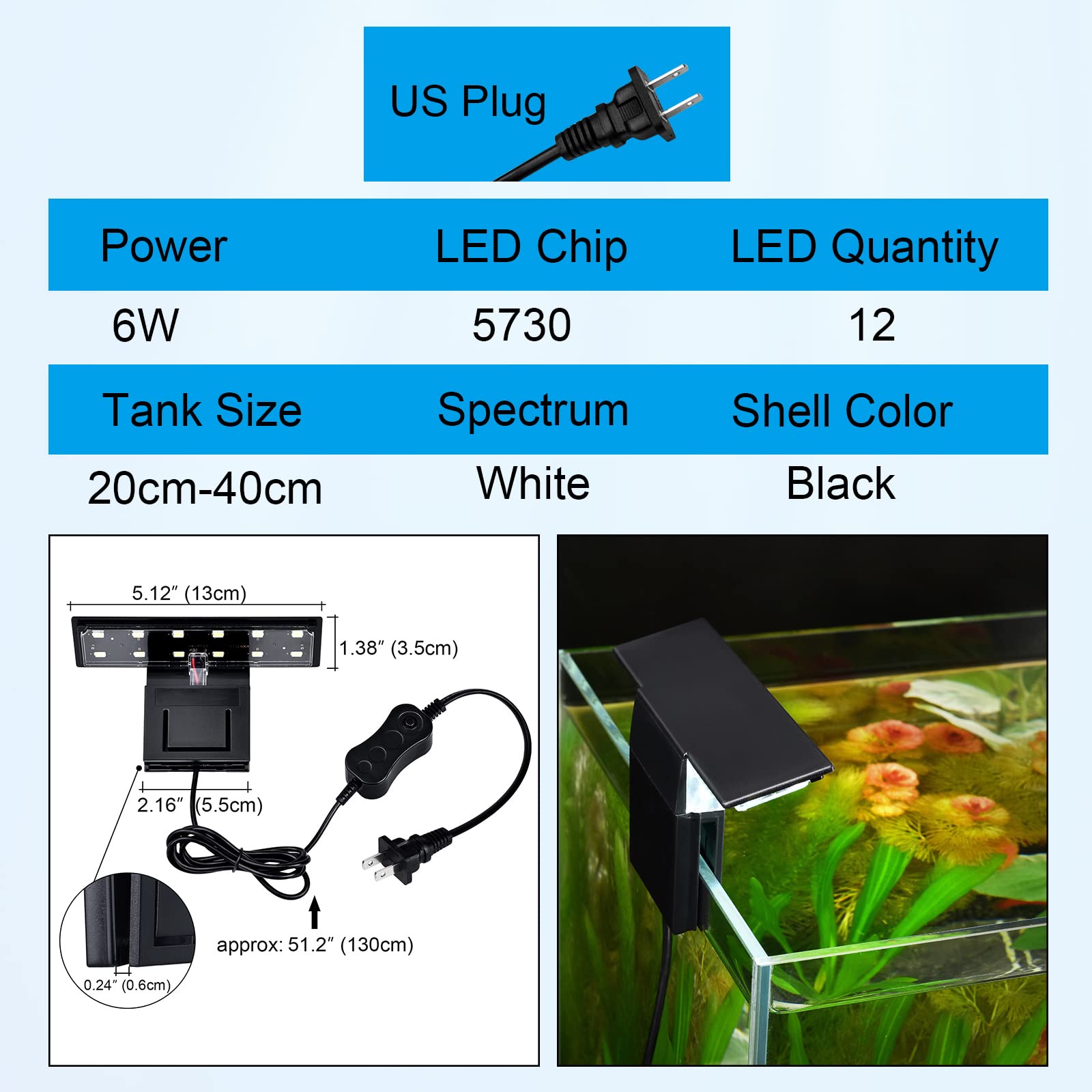 WEAVERBIRD 6W LED Aquarium Light with 12 LEDs for Planted Fish Tanks - Clip-On Lamp Fits 8-15 Inch (6mm Thick) Aquariums | Perfect for Freshwater Plant Growth & Fish Tank Lighting
