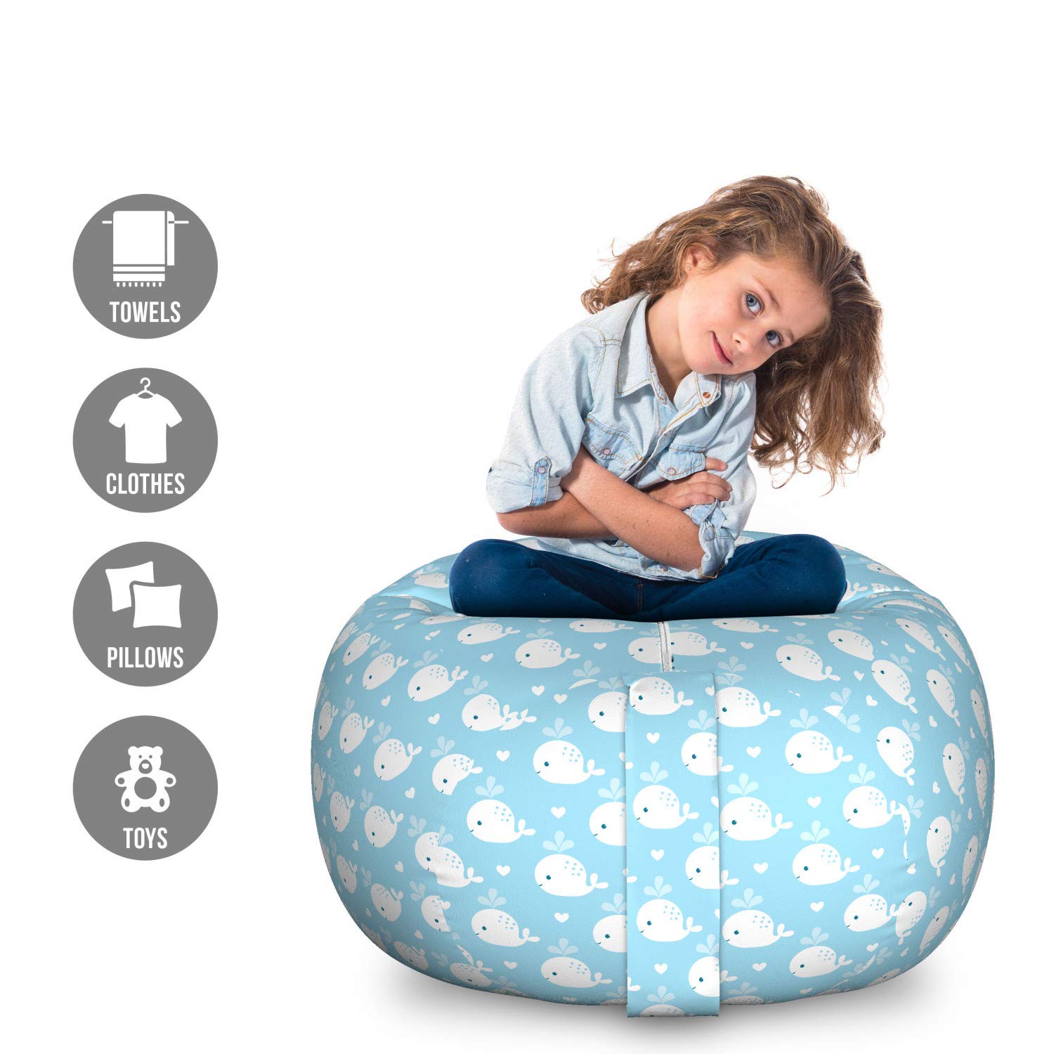 Ambesonne Whale Plush Toy Storage Bag Chair - Large Pale Blue & White Washable Organizer for Stuffed Animals | Marine Animal Theme with Water Splash & Hearts Design | Perfect for Kids' Room, Nursery, or Playroom Organization