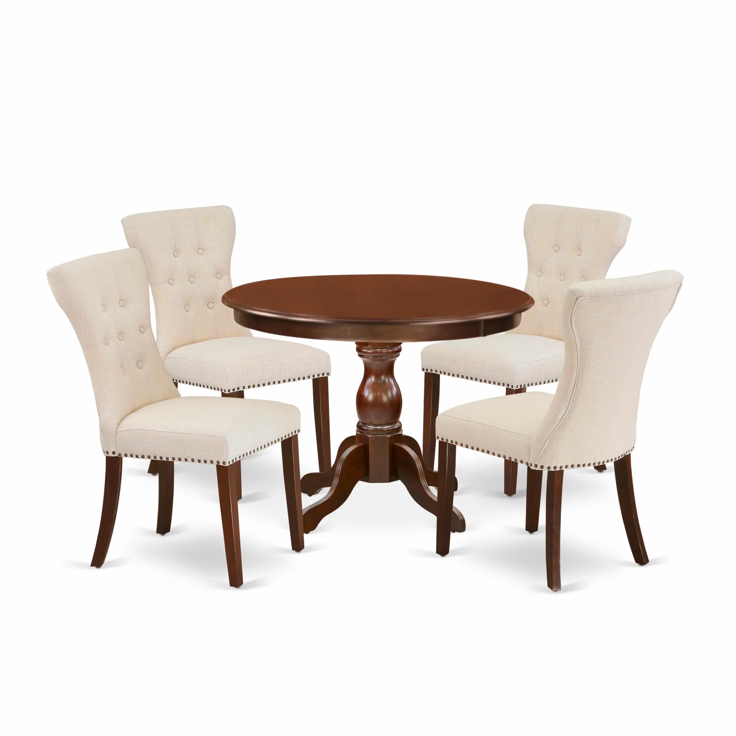 East West Furniture 5-Piece Round Dining Table Set with Pedestal Base & 4 Light Beige Linen Chairs - 42 Inch Mahogany Kitchen Table for Small Spaces, Breakfast Nook, Apartment Dining | HBGA5-MAH-32