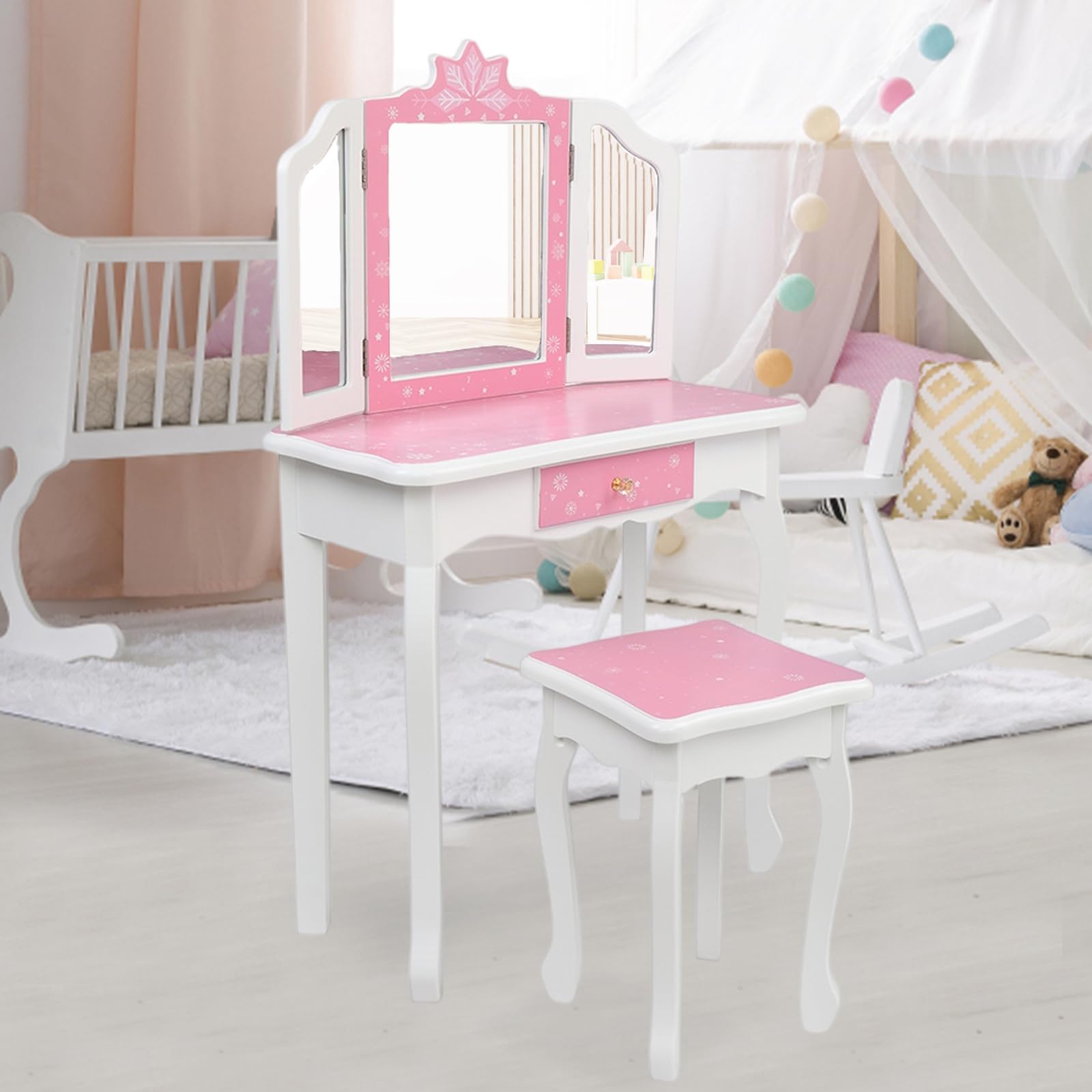 BELANITAS Kids Vanity Set with Mirror - Tri-Folding Vanity Table & Chair Set for Girls, Pink Princess Makeup Dressing Table with Drawer & Stool, 2-in-1 Toy Storage & Play Set - Perfect for Birthday Gifts, Pretend Play & Bedroom Decor