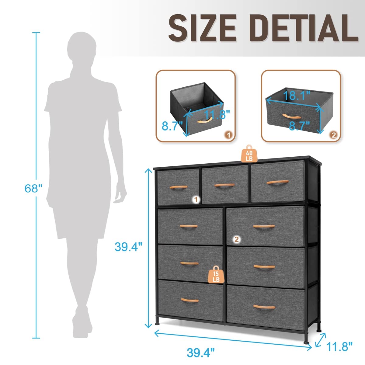 9-Drawer Fabric Dresser - Steel Frame & Wooden Top for Bedroom, Nursery, Office Storage