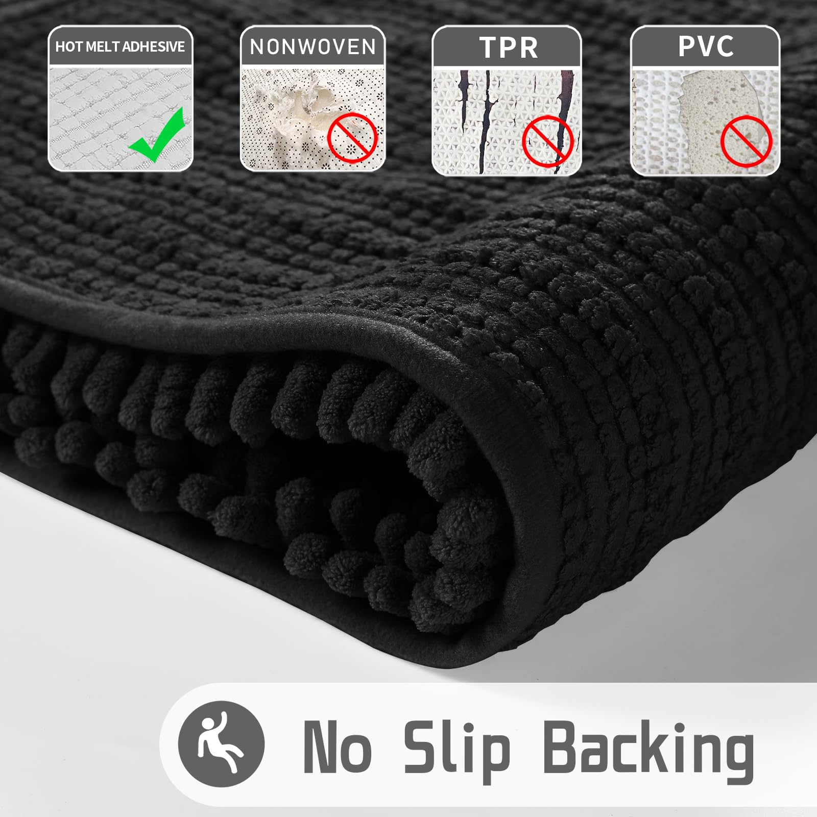 Yimobra Extra Soft Chenille Bath Rug Mat - 55.1 x 24 Inch Large Non-Slip Shaggy Bathroom Mat | Super Absorbent Microfiber Bath Mat for Floor, Tub & Shower | Machine Washable | Black | Perfect for Bathroom Safety and Luxury Comfort