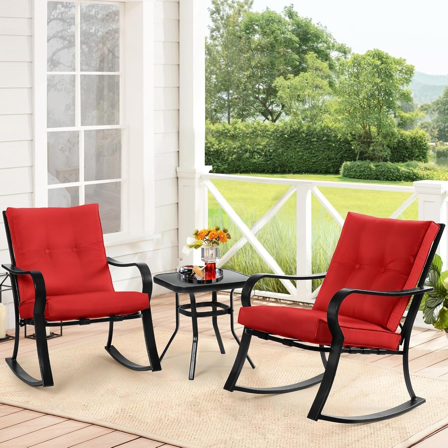 SUNCROWN 3-Piece Outdoor Rocking Chair Patio Set - Black Steel Bistro Furniture with Thickened Cushions & Glass-Top Coffee Table (Red) - Perfect for Garden, Porch, Backyard Relaxation and Outdoor Entertaining