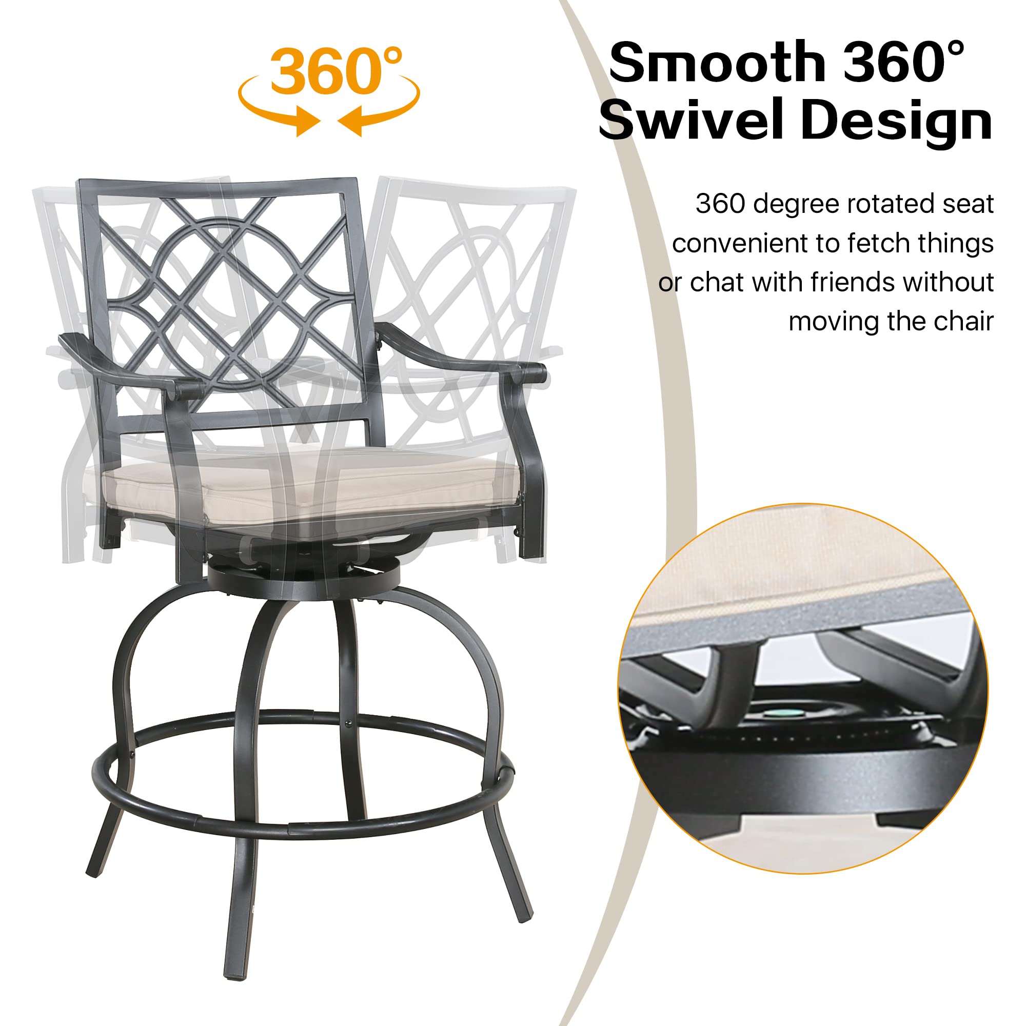 Swivel Counter-Height Bar Stools for Patio - Set of 2 Outdoor Bar Chairs with Removable Cushions, Steel Frame - Perfect for Backyard, Deck, Poolside & Outdoor Dining Areas