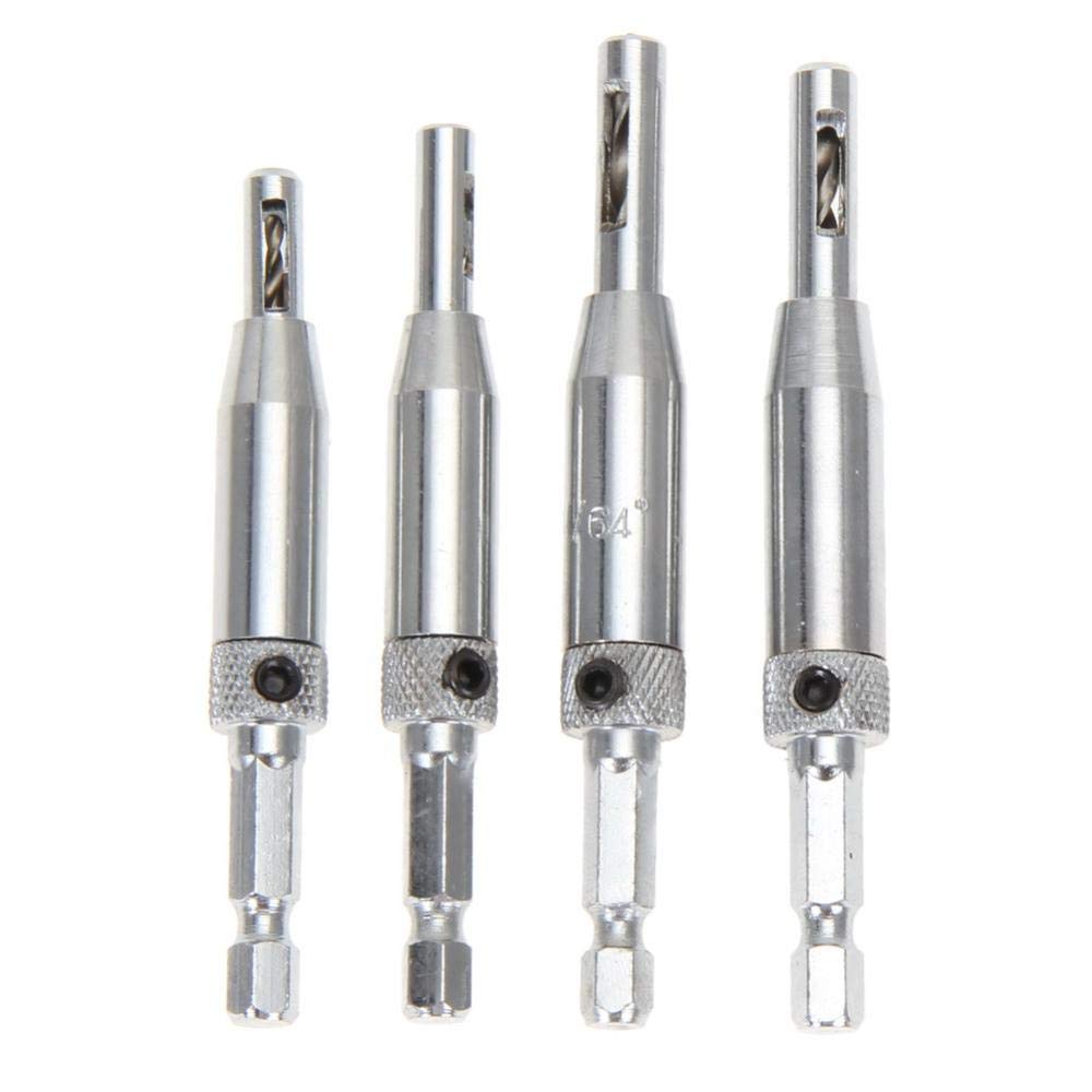 4-Piece HSS Self-Centering Drill Bit Set - Hex Shank Hinge Centering Bits for Doors & Cabinets - Perfect for Woodworking, Furniture Installation, and DIY Home Projects