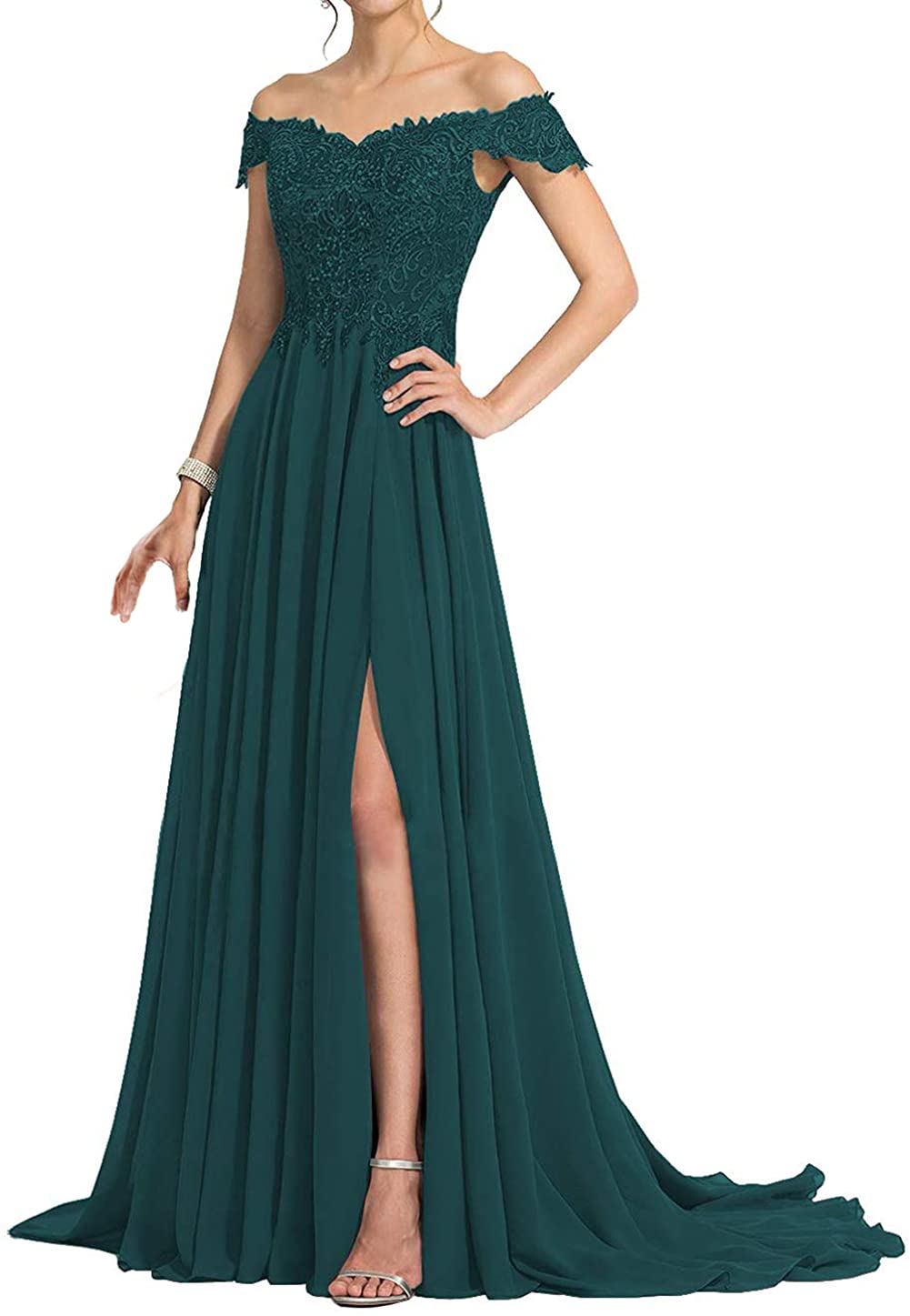 Elegant Off Shoulder Mother of The Bride Dress - Long Chiffon Lace Formal Evening Gown with Side Slit for Weddings, Prom & Special Occasions