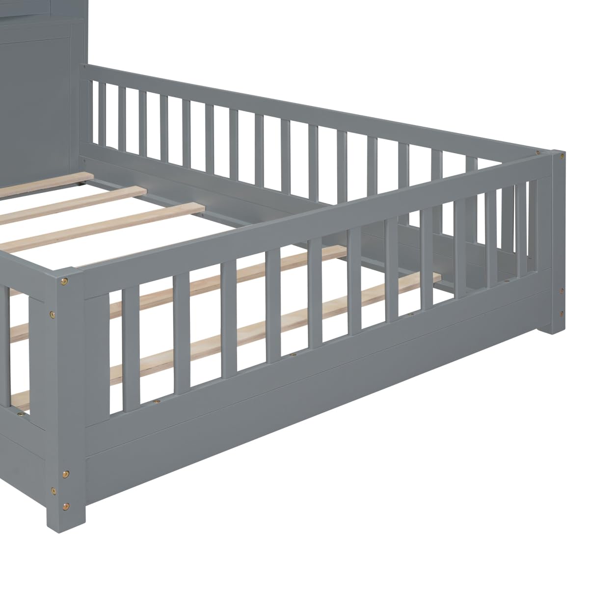 Pine Wood Full Size House Platform Bed with Storage Headboard, L-Shaped Bookcase, Drawers & Large Shelves - Kids Bedroom Furniture with USB Charging Station for Boys & Girls (Gray) - Perfect for Small Spaces, Dorm Rooms & Shared Kids' Bedrooms