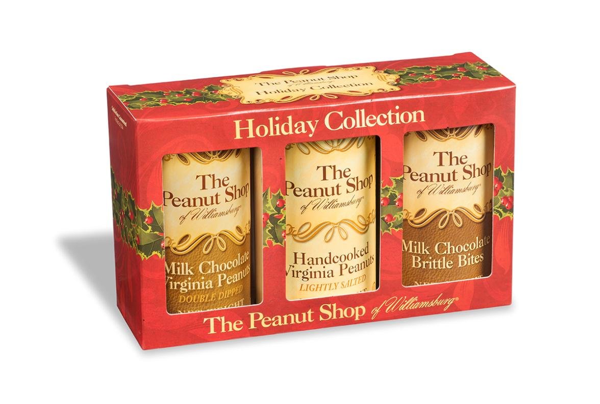 The Peanut Shop of Williamsburg 3-Piece Holiday Gift Set - Milk Chocolate Covered Peanuts, Virginia Peanuts & Chocolate Brittle Bites | Gourmet Snacks for Christmas Gifts, Office Treats & Holiday Parties