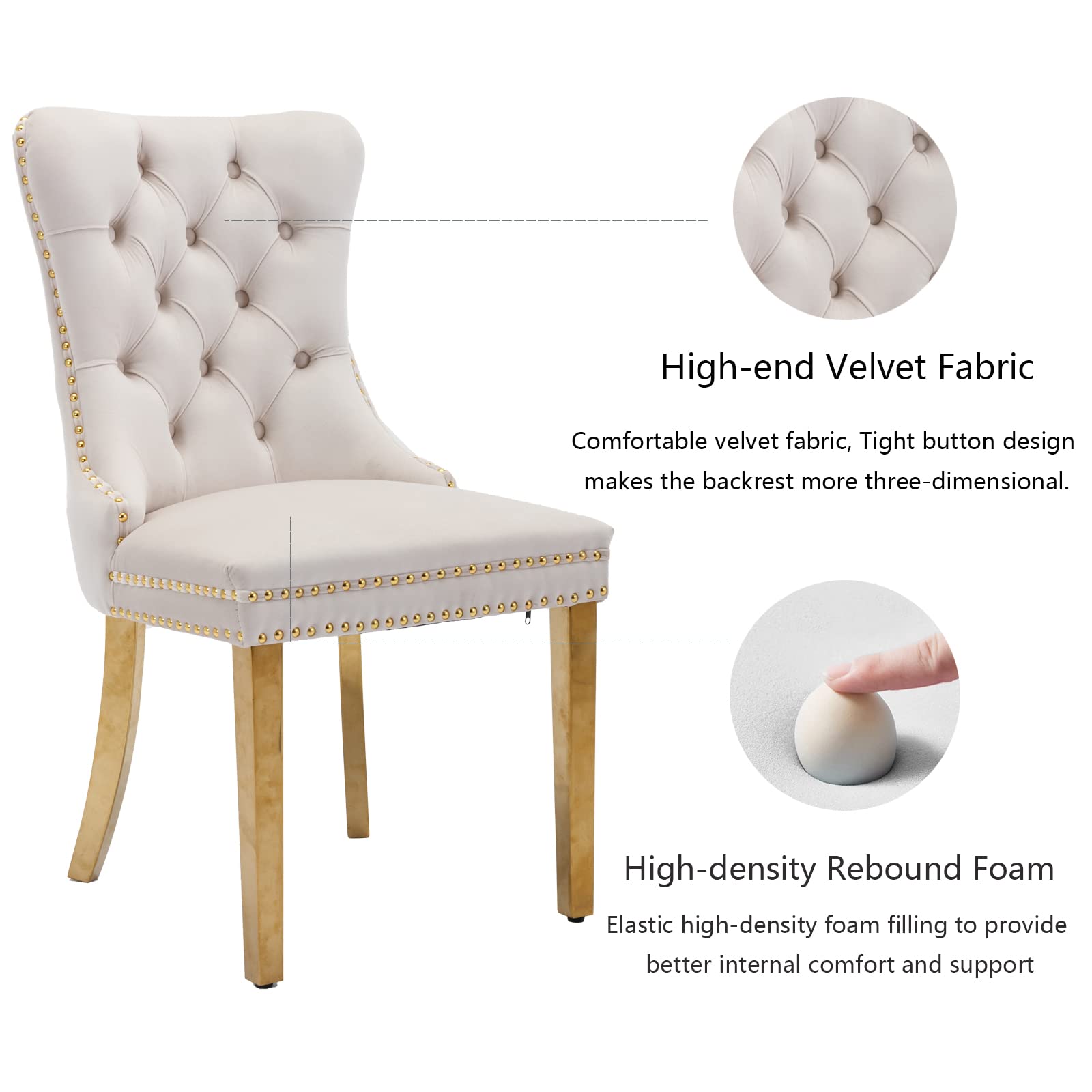 6 Beige Velvet Dining Chairs Set - Modern Upholstered Kitchen Chairs with Golden Stainless Steel Legs & Back Ring Pull Trim for Dining Room, Living Room & Kitchen Decor - Perfect for Home Entertaining & Cozy Family Meals (Beige)