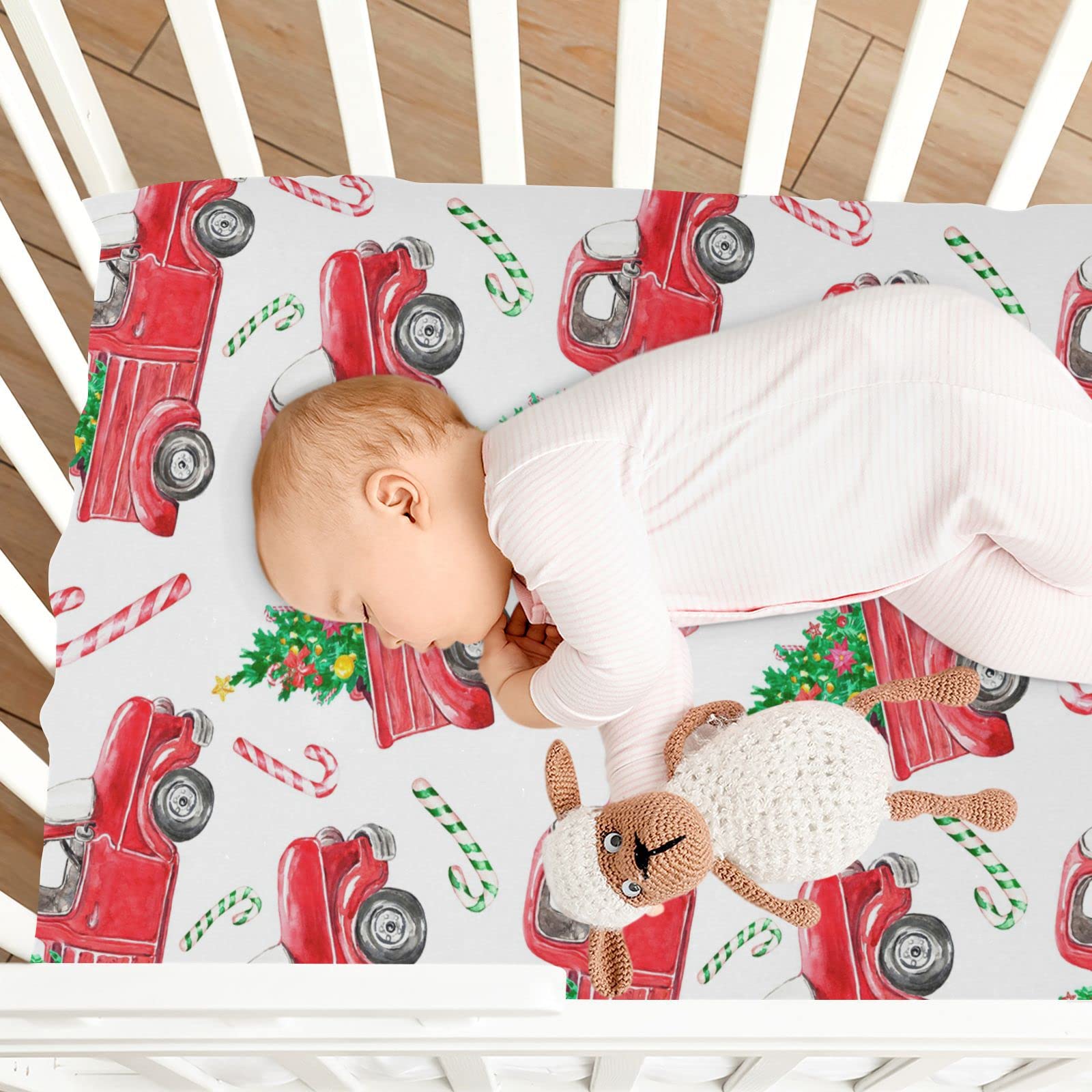 Christmas Red Truck Crib Sheets for Boys & Girls - Super Soft Pack and Play Sheets, Mini Crib Sheets & Fitted Crib Sheet (39x27IN) for Standard Crib & Toddler Mattresses - Perfect for Nursery, Baby Shower Gifts & Holiday Decor