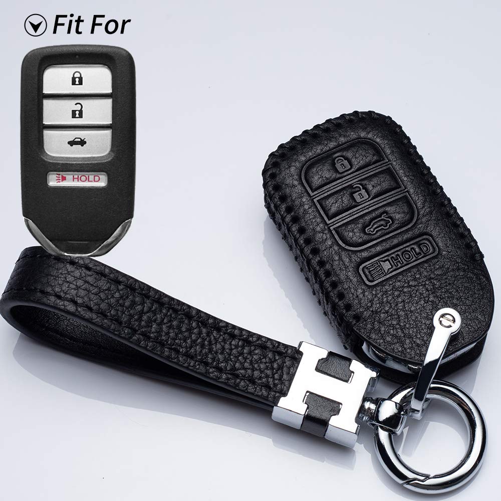 Genuine Leather Honda Key Fob Cover Replacement for 2013-2018 Accord EX/EX-L/Touring & Civic - Smart Keyless Entry Remote Shell Case with Keychain Accessories (Black) - Perfect Car Key Protector for Men & Women Drivers
