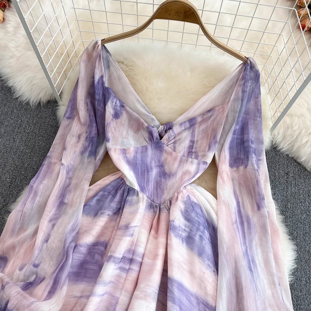 Elegant Long Sleeve Bow Tie V-Neck Chiffon Dress with Fluffy Fairy Skirt - Perfect for Weddings, Parties & Special Occasions