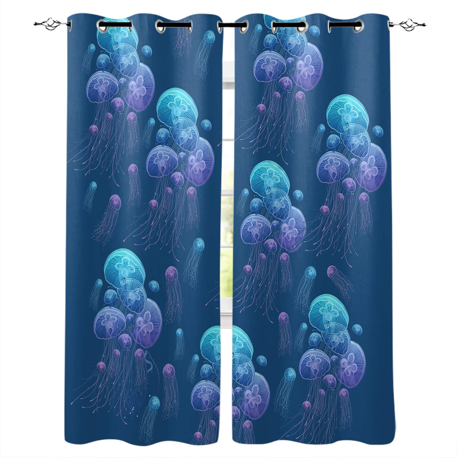Blackout Curtains 52x96 Inch - Room Darkening Polyester Fabric Window Treatments with Jellyfish Ocean Animal Print, Sea Maritime Theme (2 Pack) for Bedroom, Nursery & Home Decor | Perfect for Light Blocking, Privacy & Coastal Style Interiors