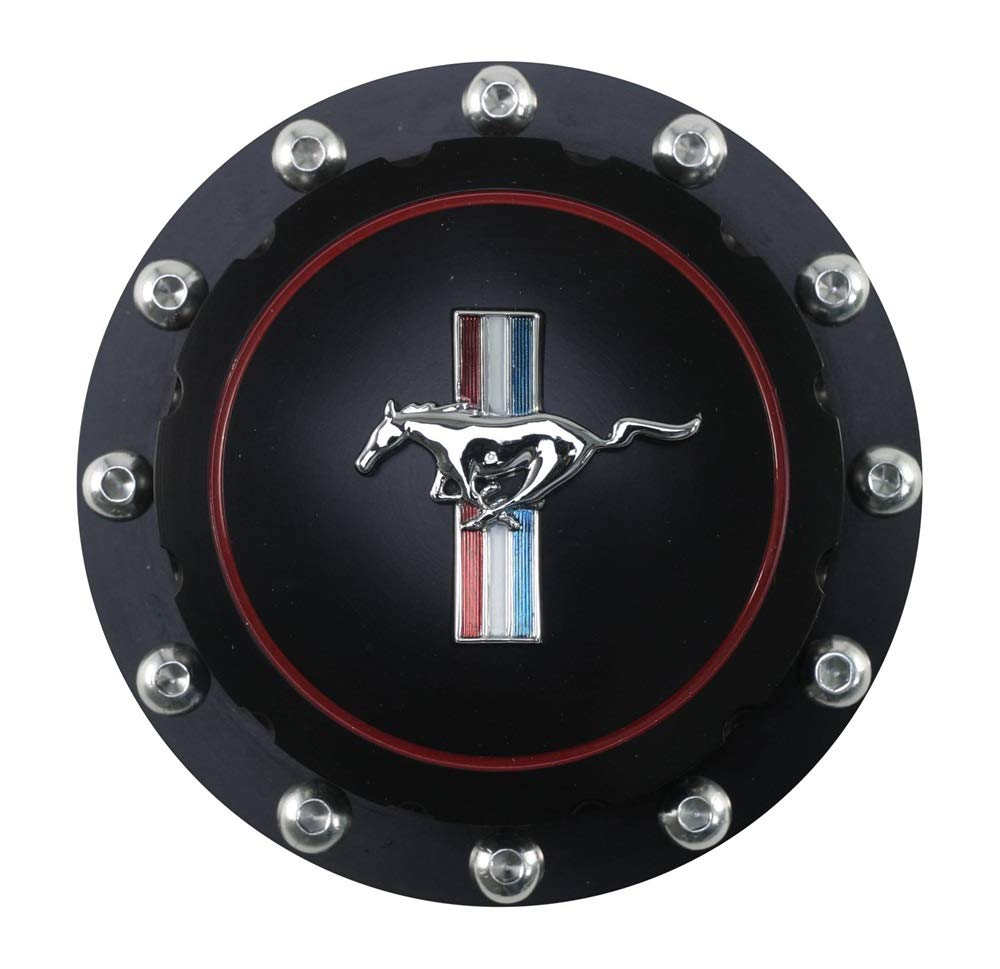 Scott Drake Billet Aluminum Gas Cap with Official Ford Running Pony Emblem - Black Anodized Finish for 1964-1973 Ford Mustang (Model B-9030-H-BK) | Classic Car Restoration & Mustang Performance Upgrade Accessory
