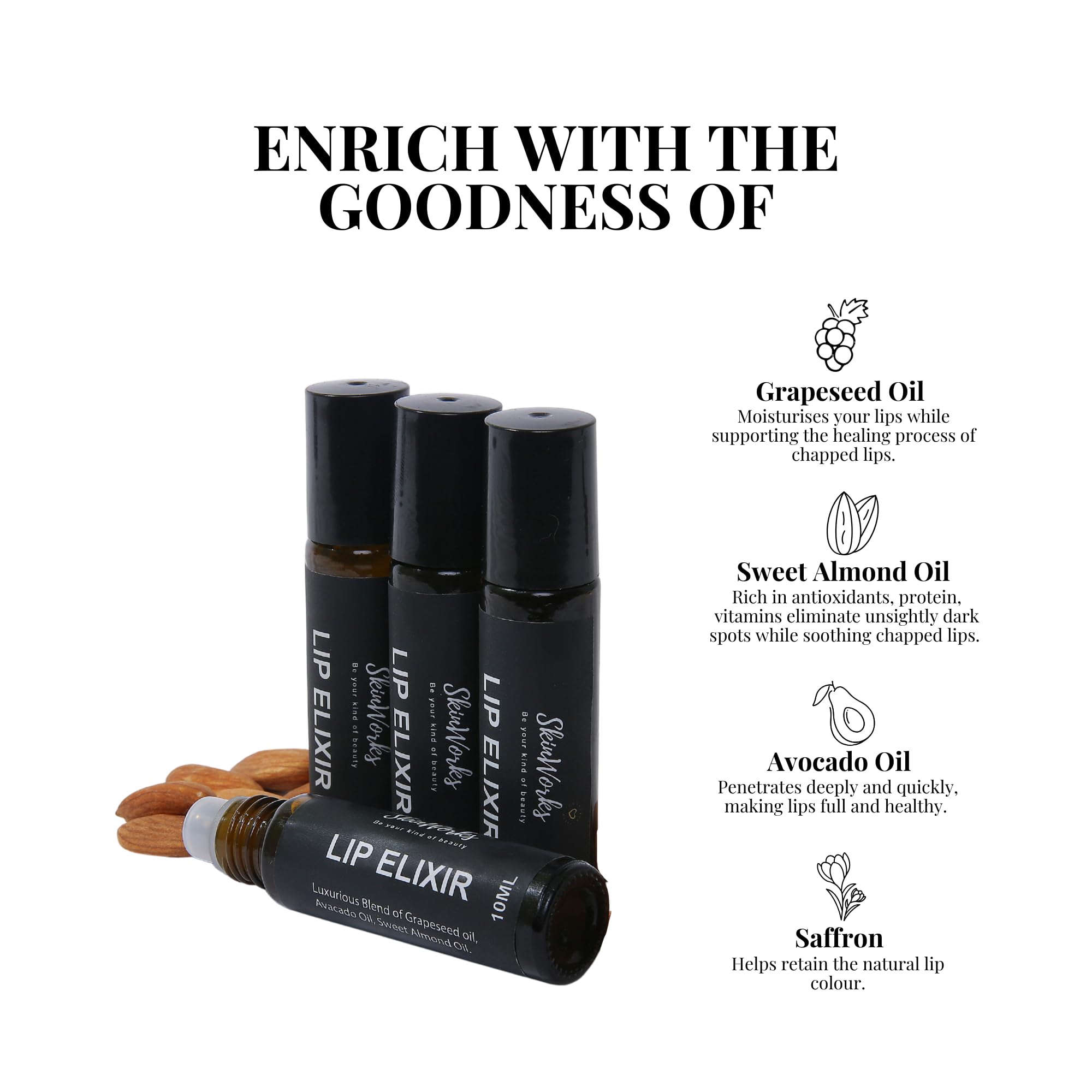 Skinworks Lip Elixir Oil - Natural Plumping Lip Treatment for Hydration & Shine, Non-Sticky Formula for Dry & Chapped Lips (10ml) | Perfect for Daily Moisture & Nighttime Lip Care
