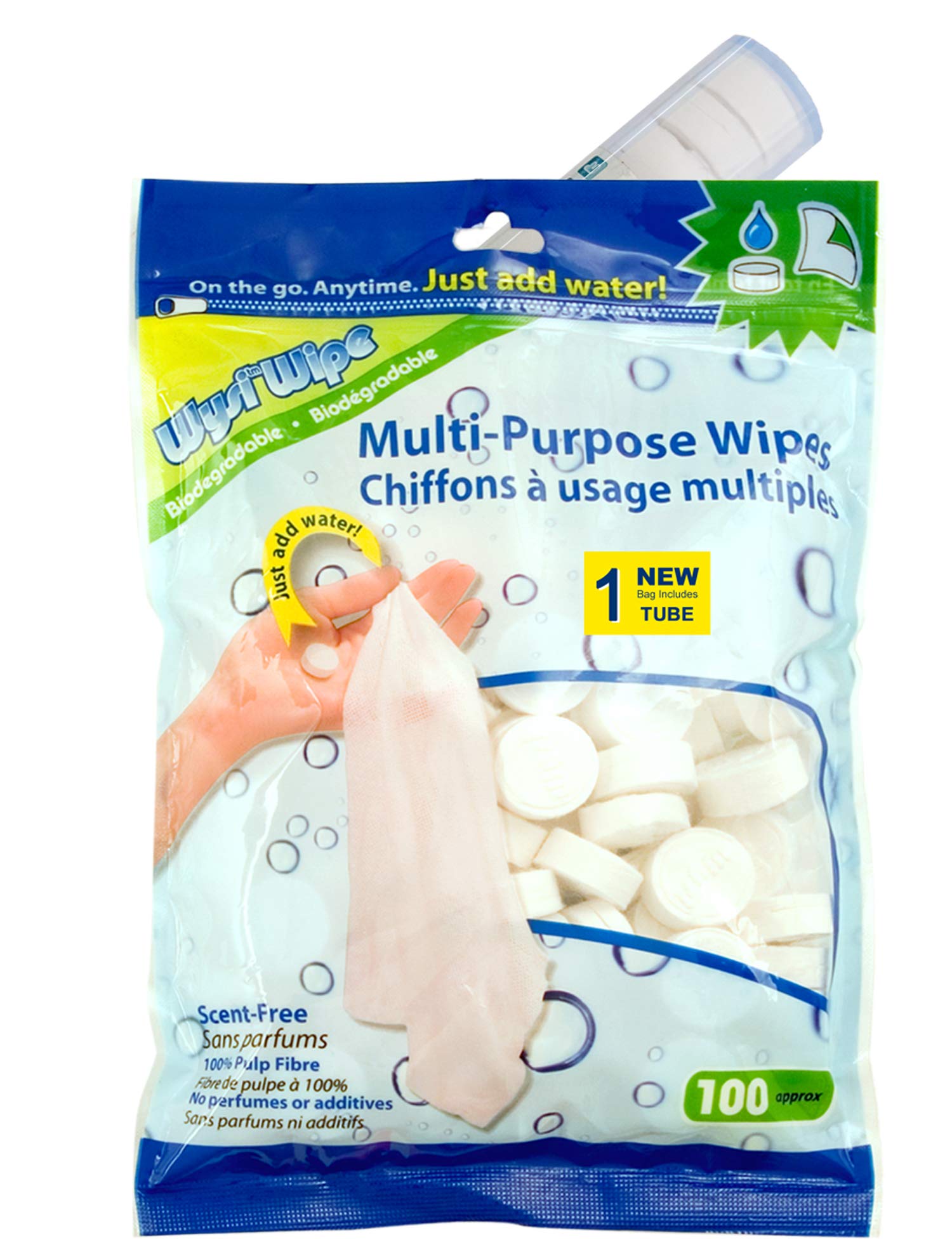 WYSI Multi-Purpose Expandable Cleaning Wipes - 100 Compressed Tablets with Travel Tube | Just Add Water for Home, Office & Travel Use