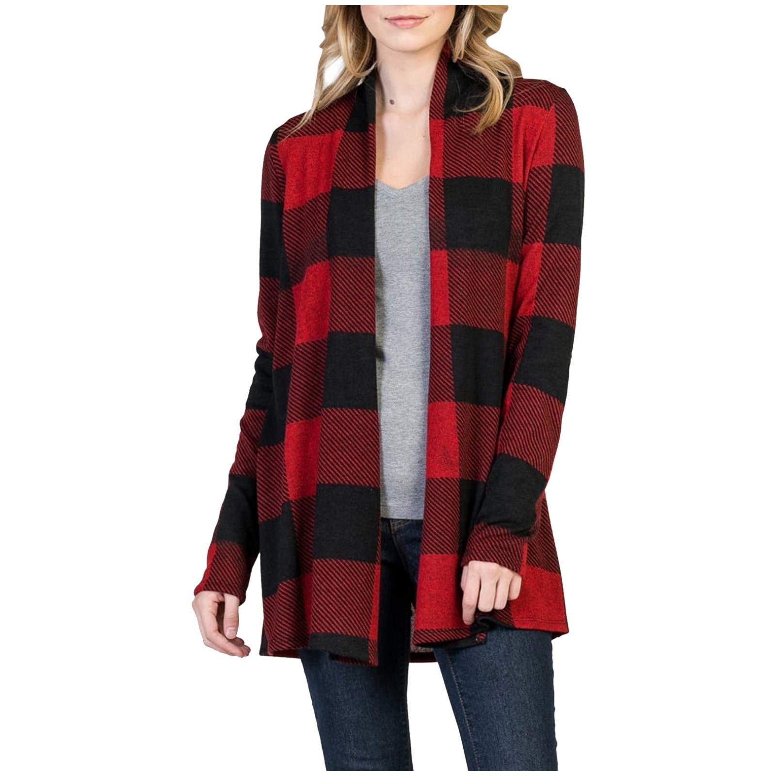 Women's Plaid Print Patchwork Cardigan - Open Front Long Sleeve Coat - Cozy Long Sweater for Fall & Winter - Perfect for Office, Casual Outfits and Layering