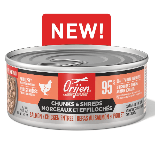 Orijen Salmon & Chicken Chunks & Shreds Entrée Canned Cat Food for Adult Cats - Grain Free, High Protein Wet Cat Food, 5.5oz Can - Perfect for Mealtime, Travel & Special Treats