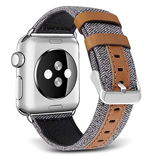 Premium Genuine Leather Apple Watch Bands for Men & Women - Compatible with iWatch Ultra, SE, Series 8/7/6/5/4/3/2/1 (38mm-49mm) - Classic Canvas Fabric Strap with Secure Metal Clasp - Perfect for Work, Gym & Everyday Fashion